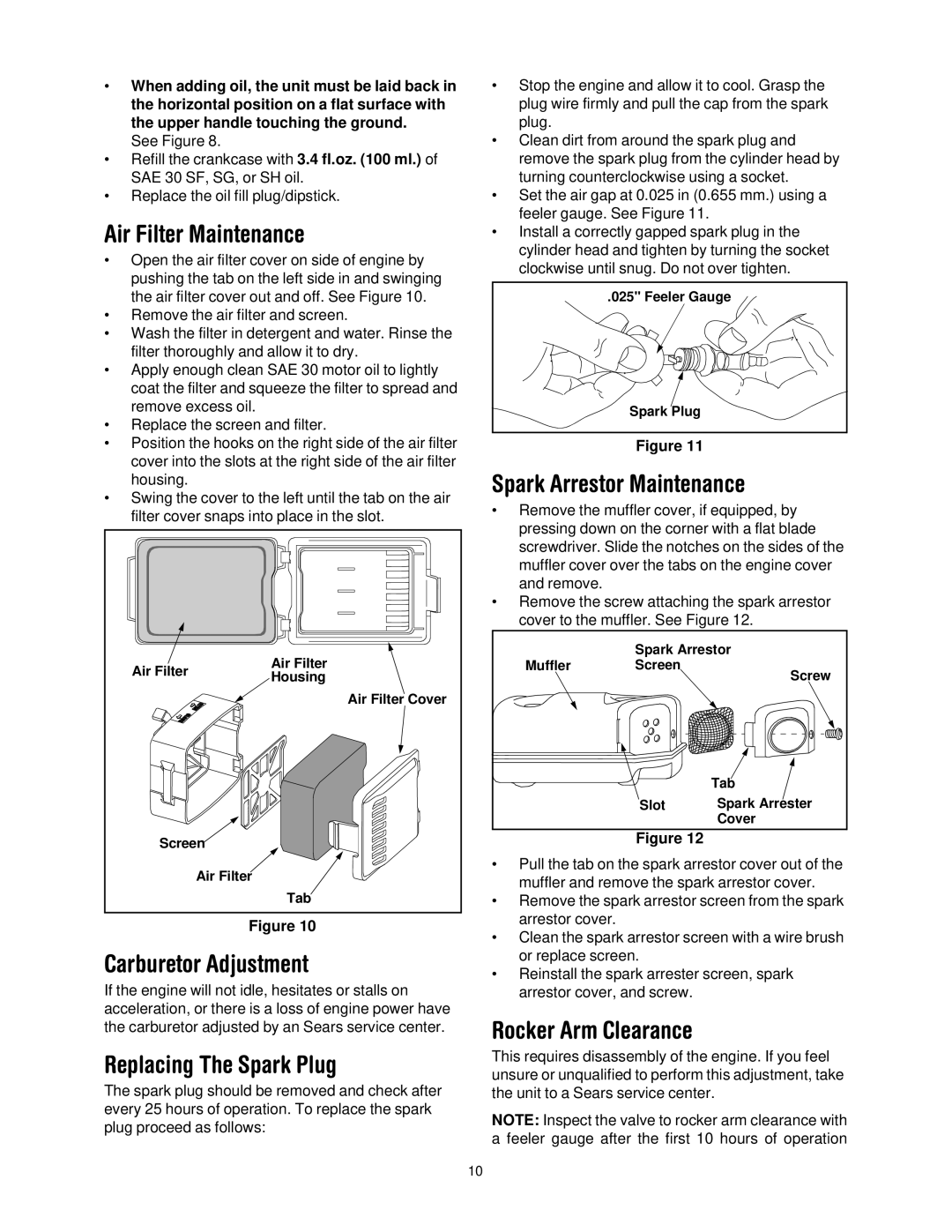 Craftsman 316.2927 Air Filter Maintenance, Carburetor Adjustment, Replacing The Spark Plug, Spark Arrestor Maintenance 