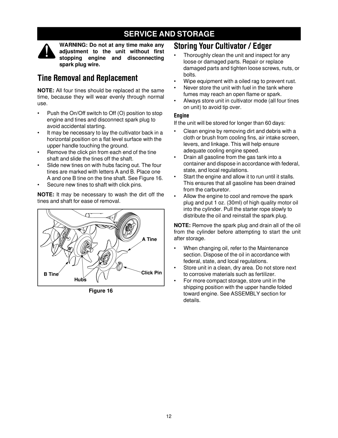 Craftsman 316.2927 manual Tine Removal and Replacement, Storing Your Cultivator / Edger, Service and Storage 