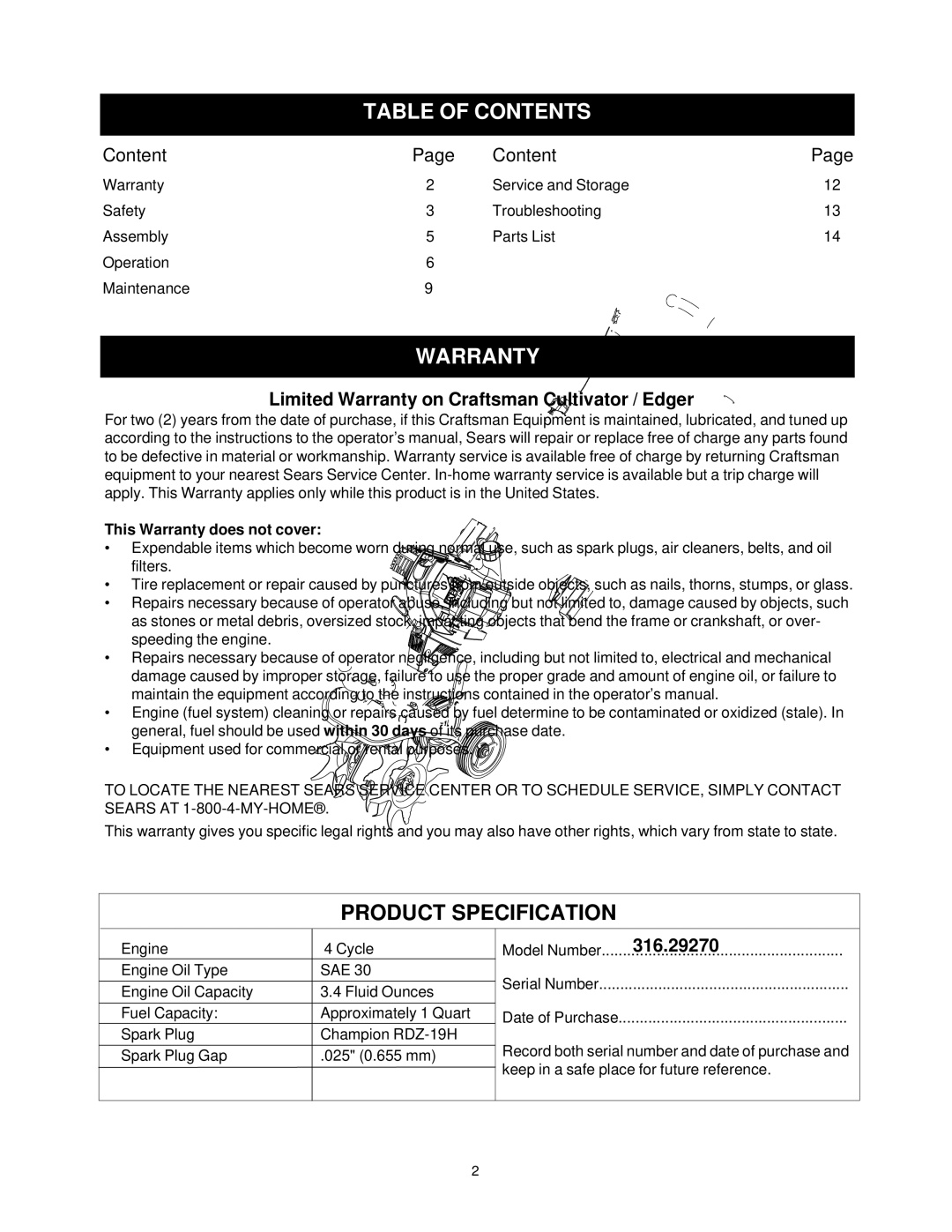 Craftsman 316.2927 manual Table of Contents, Warranty 