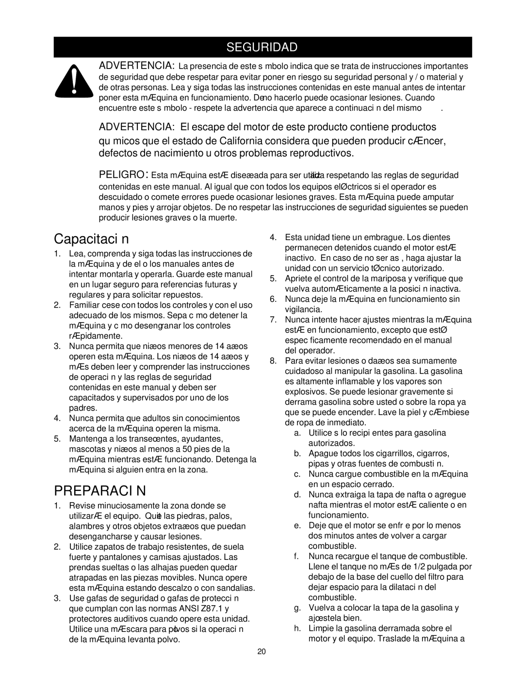 Craftsman 316.2927 manual Capacitación, Seguridad 