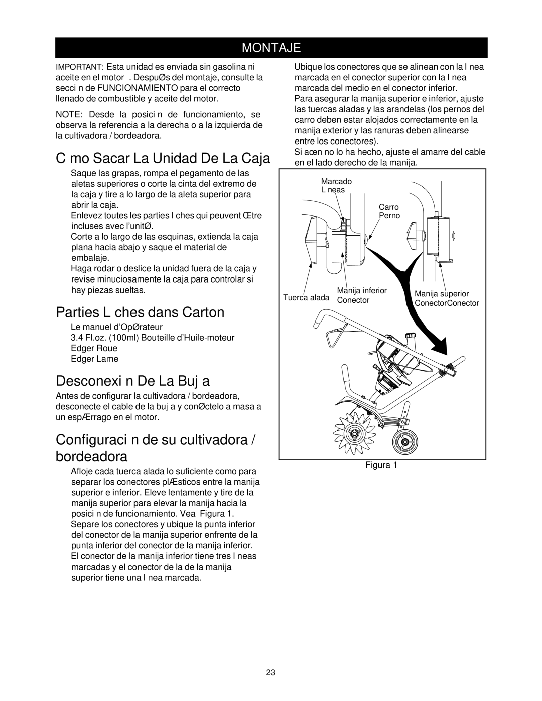 Craftsman 316.2927 manual Parties Lâches dans Carton, Desconexión De La Bujía, Configuración de su cultivadora / bordeadora 