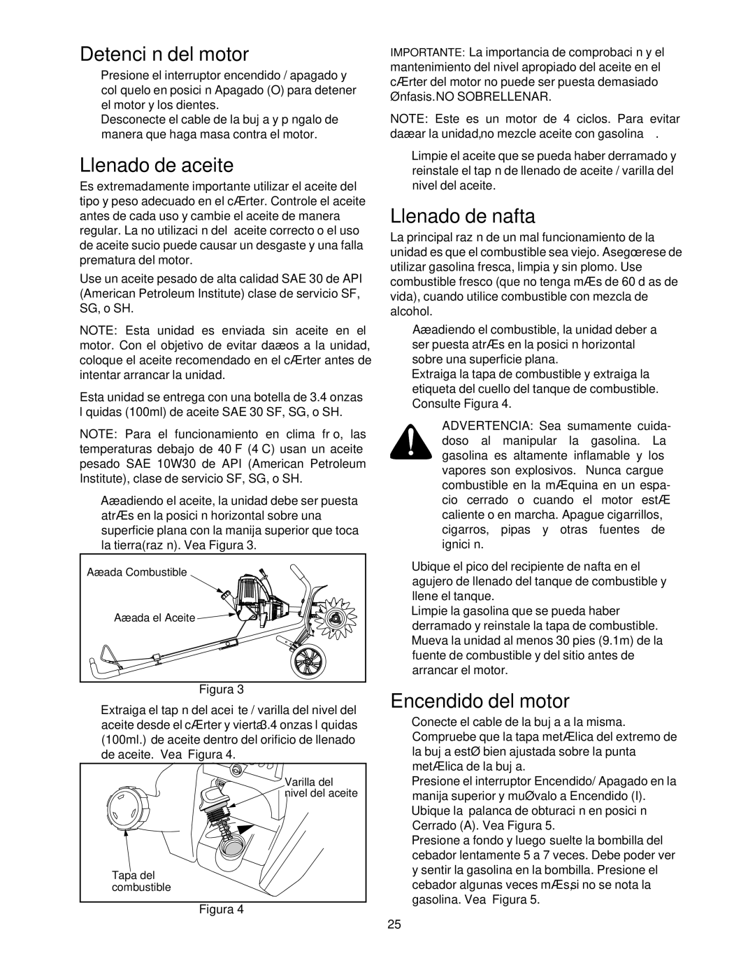 Craftsman 316.2927 manual Detención del motor, Llenado de aceite, Llenado de nafta, Encendido del motor 