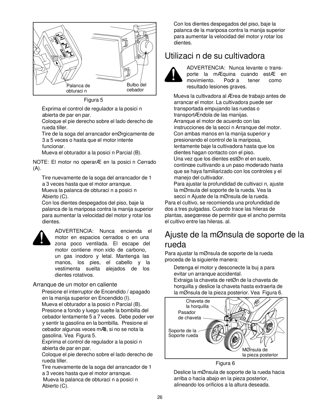 Craftsman 316.2927 manual Utilización de su cultivadora, Ajuste de la ménsula de soporte de la rueda 