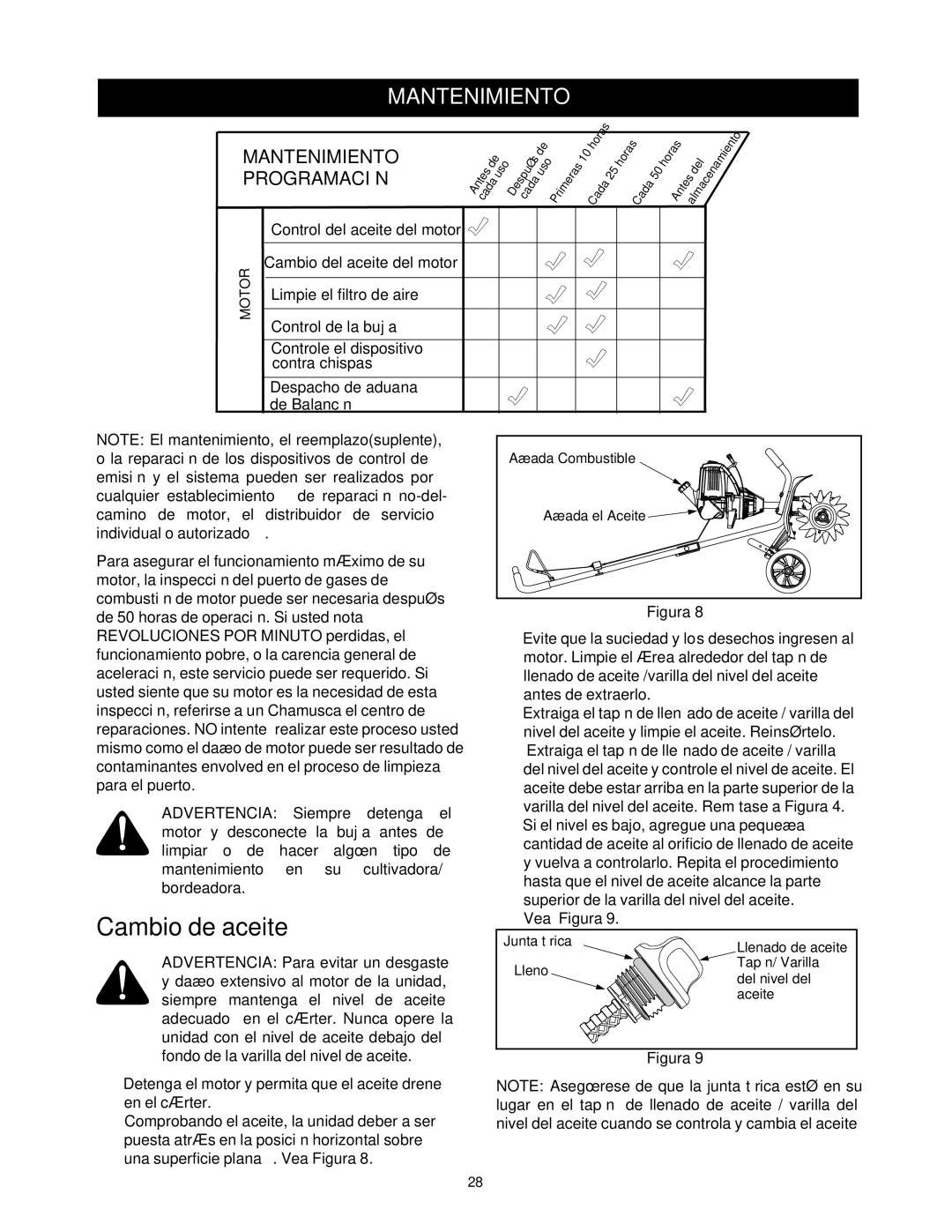 Craftsman 316.2927 manual Cambio de aceite, Mantenimiento 