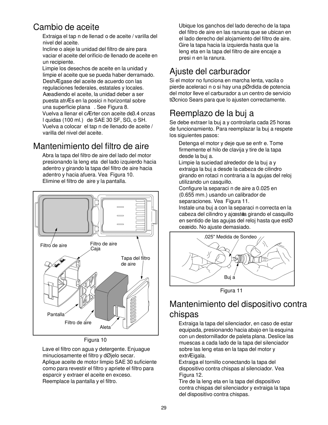 Craftsman 316.2927 manual Mantenimiento del filtro de aire, Ajuste del carburador, Reemplazo de la bujía 