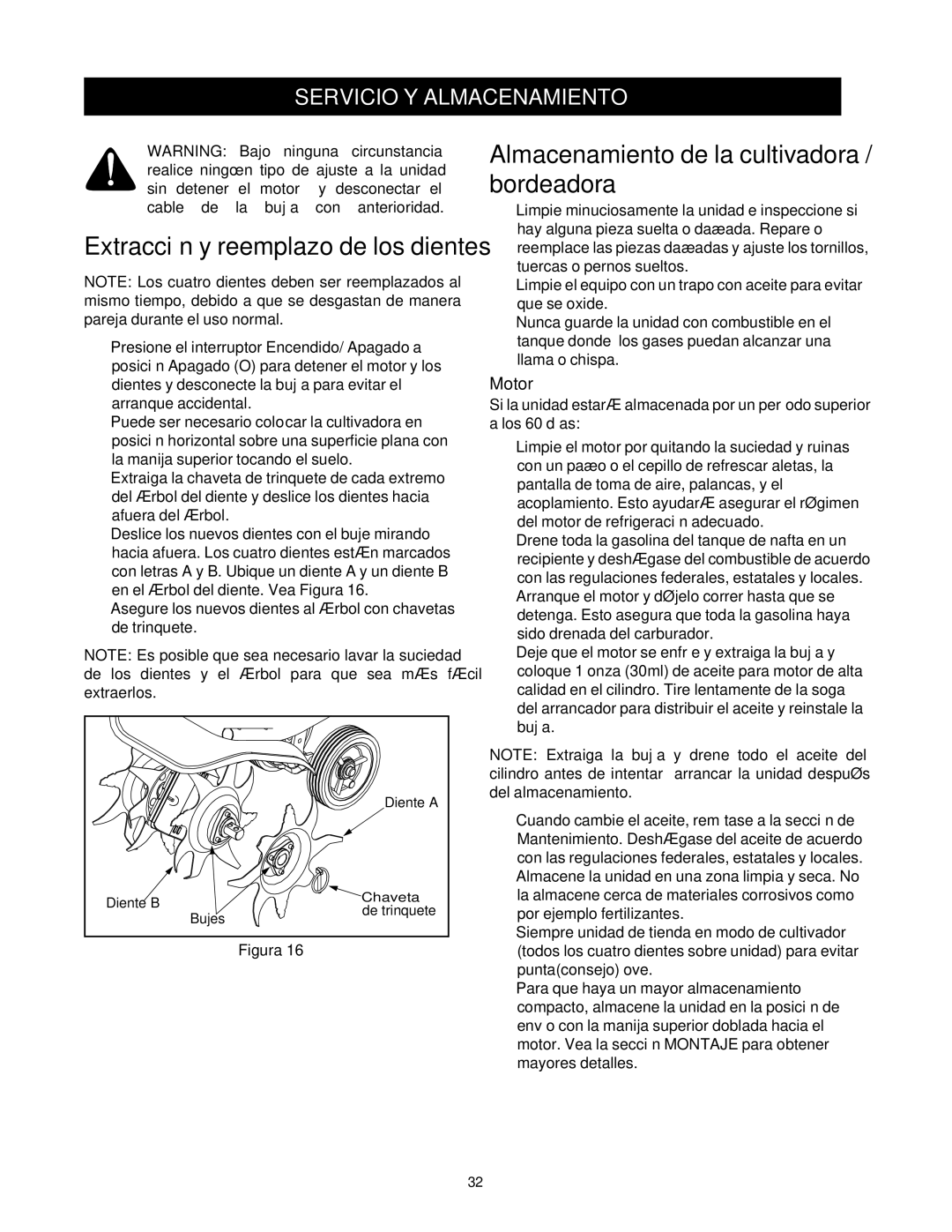 Craftsman 316.2927 manual Almacenamiento de la cultivadora / bordeadora, Servicio Y Almacenamiento 