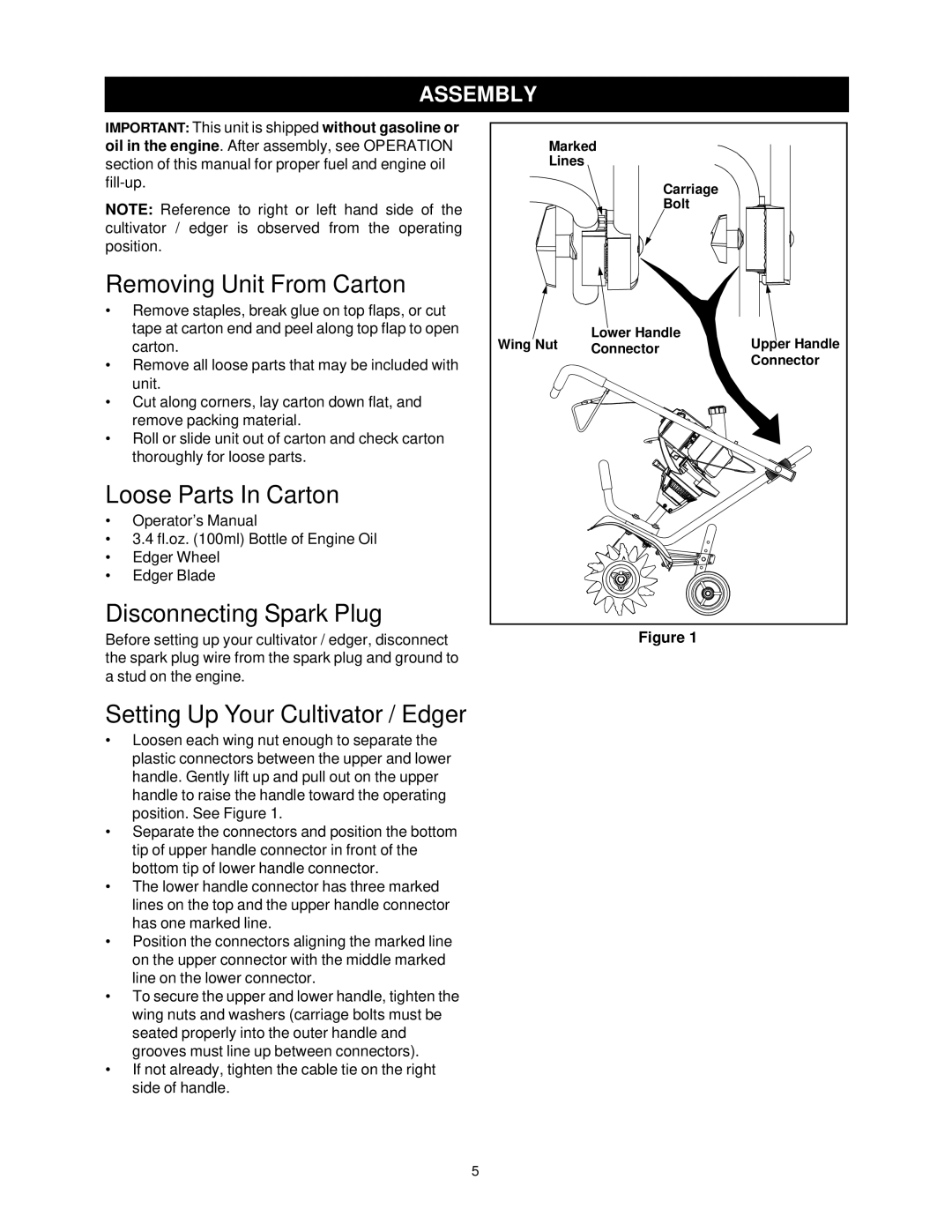 Craftsman 316.2927 manual Removing Unit From Carton, Loose Parts In Carton, Disconnecting Spark Plug, Assembly 