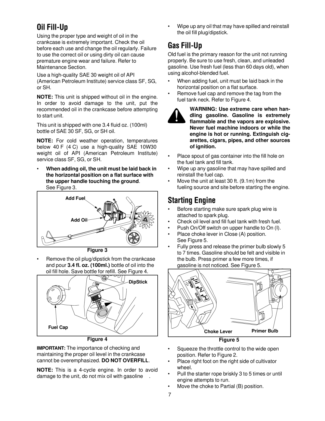 Craftsman 316.2927 manual Oil Fill-Up, Gas Fill-Up, Starting Engine 