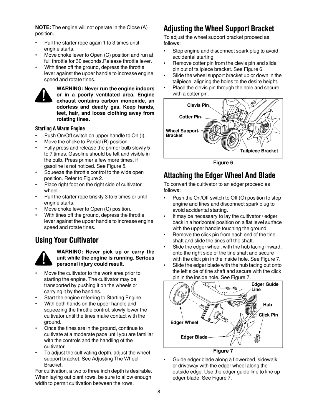 Craftsman 316.2927 manual Using Your Cultivator, Adjusting the Wheel Support Bracket, Attaching the Edger Wheel And Blade 