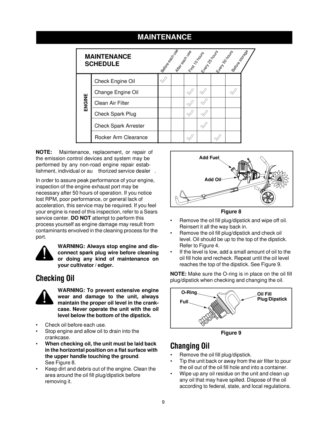 Craftsman 316.2927 manual Checking Oil, Changing Oil, Maintenance 