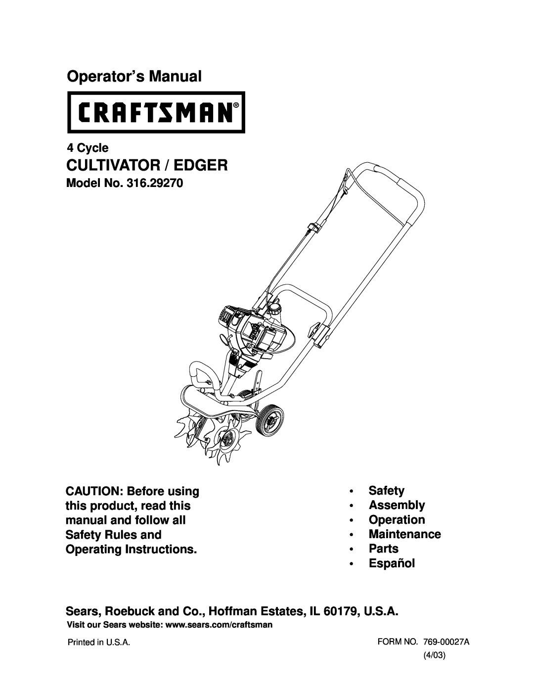 Craftsman 316.2927 manual Cycle, Model No, Safety Assembly Operation Maintenance Parts Español, Operator’s Manual 