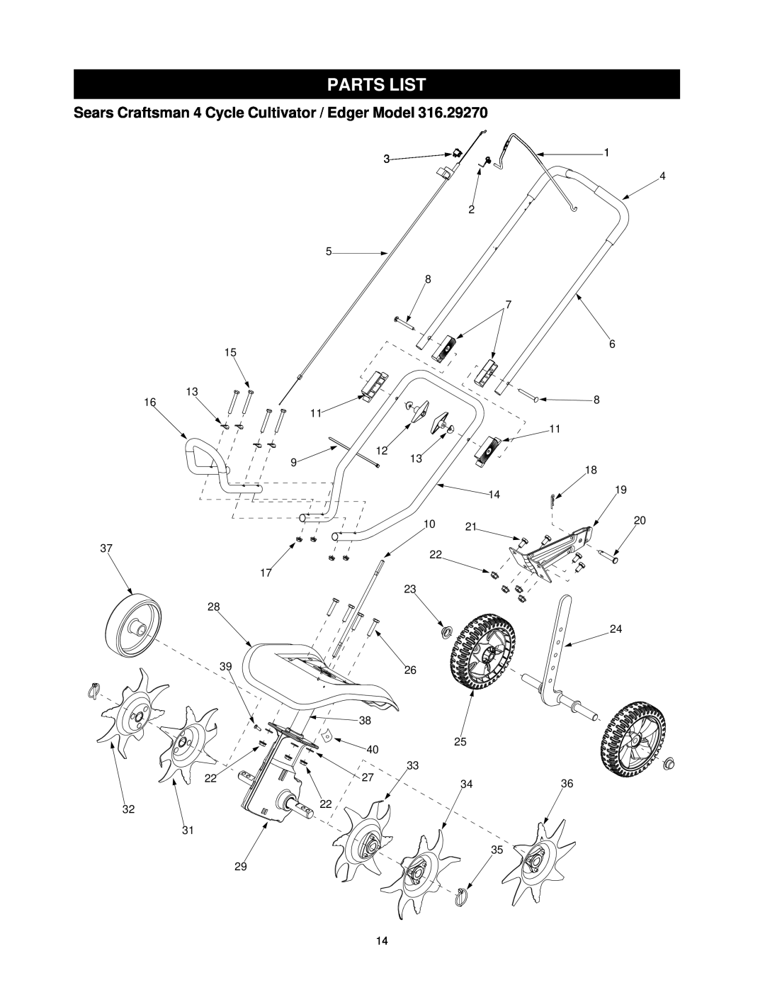 Craftsman 316.2927 manual Parts List, Sears Craftsman 4 Cycle Cultivator / Edger Model 