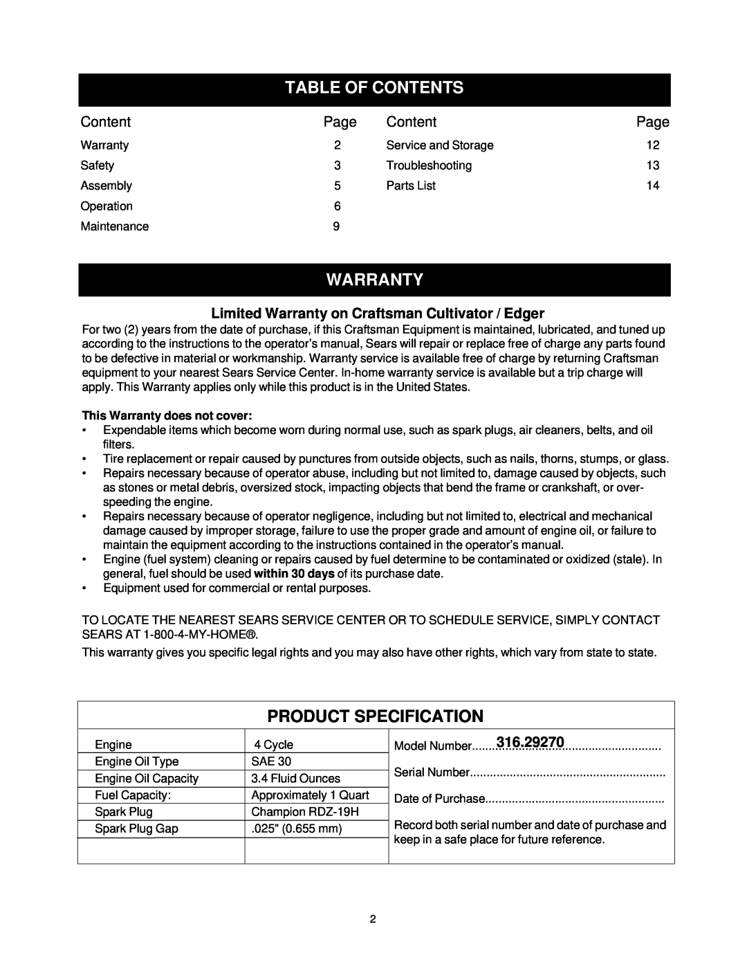 Craftsman manual Table Of Contents, Product Specification, Page, 316.29270, This Warranty does not cover 