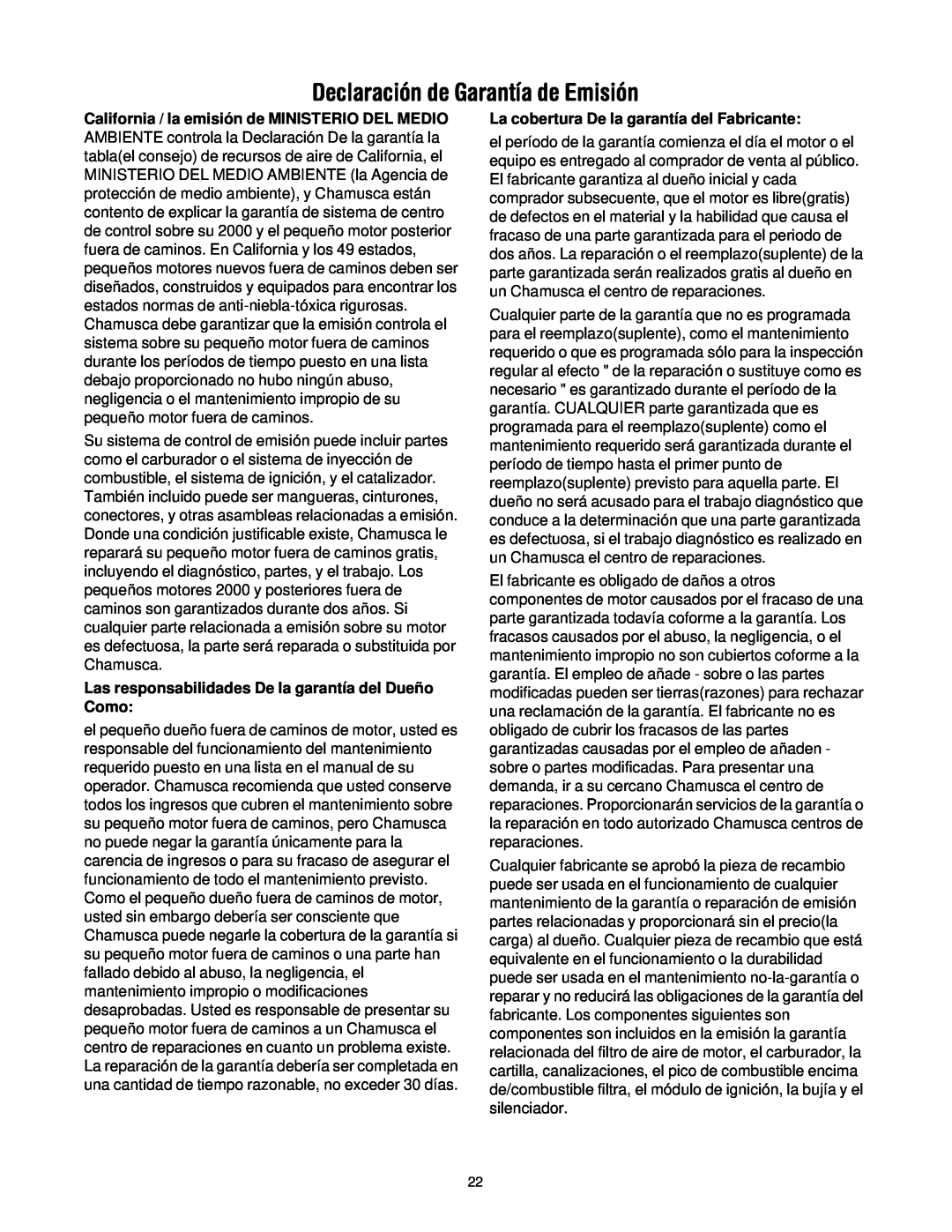 Craftsman 316.2927 manual Declaración de Garantía de Emisión, Las responsabilidades De la garantía del Dueño Como 