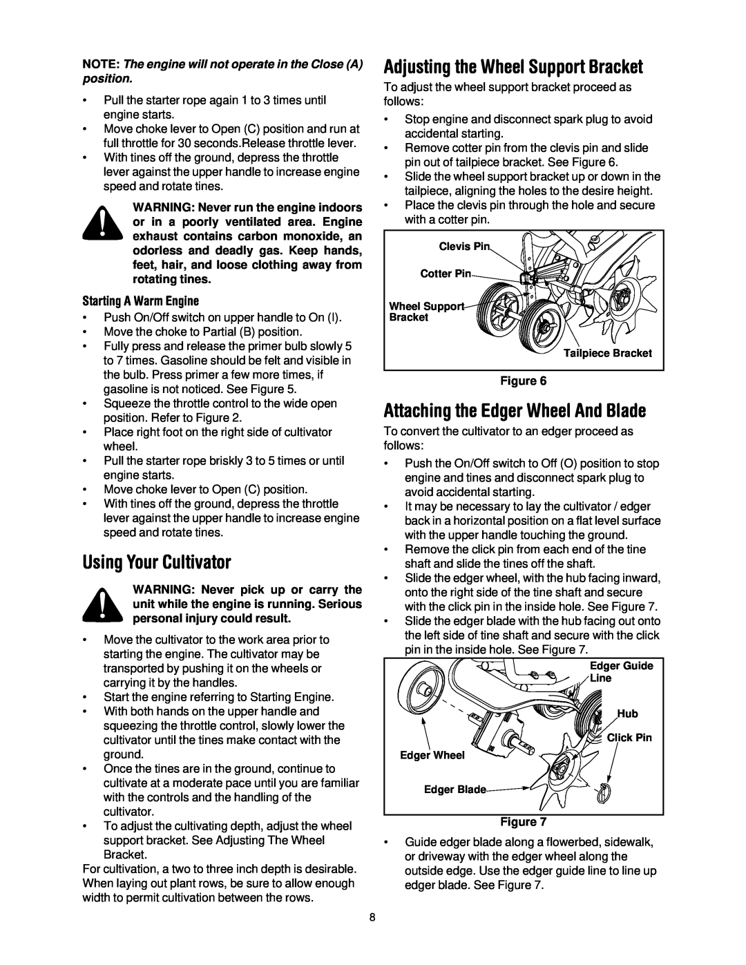 Craftsman 316.2927 manual Using Your Cultivator, Adjusting the Wheel Support Bracket, Attaching the Edger Wheel And Blade 