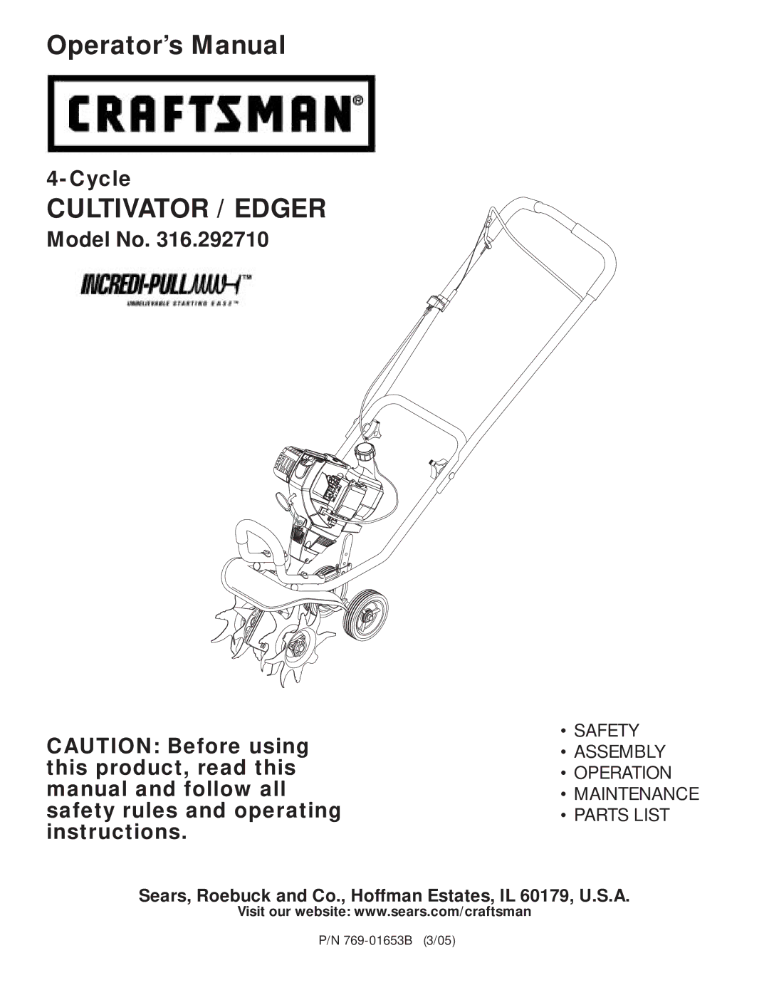 Craftsman 316.29271 manual Cultivator / Edger 