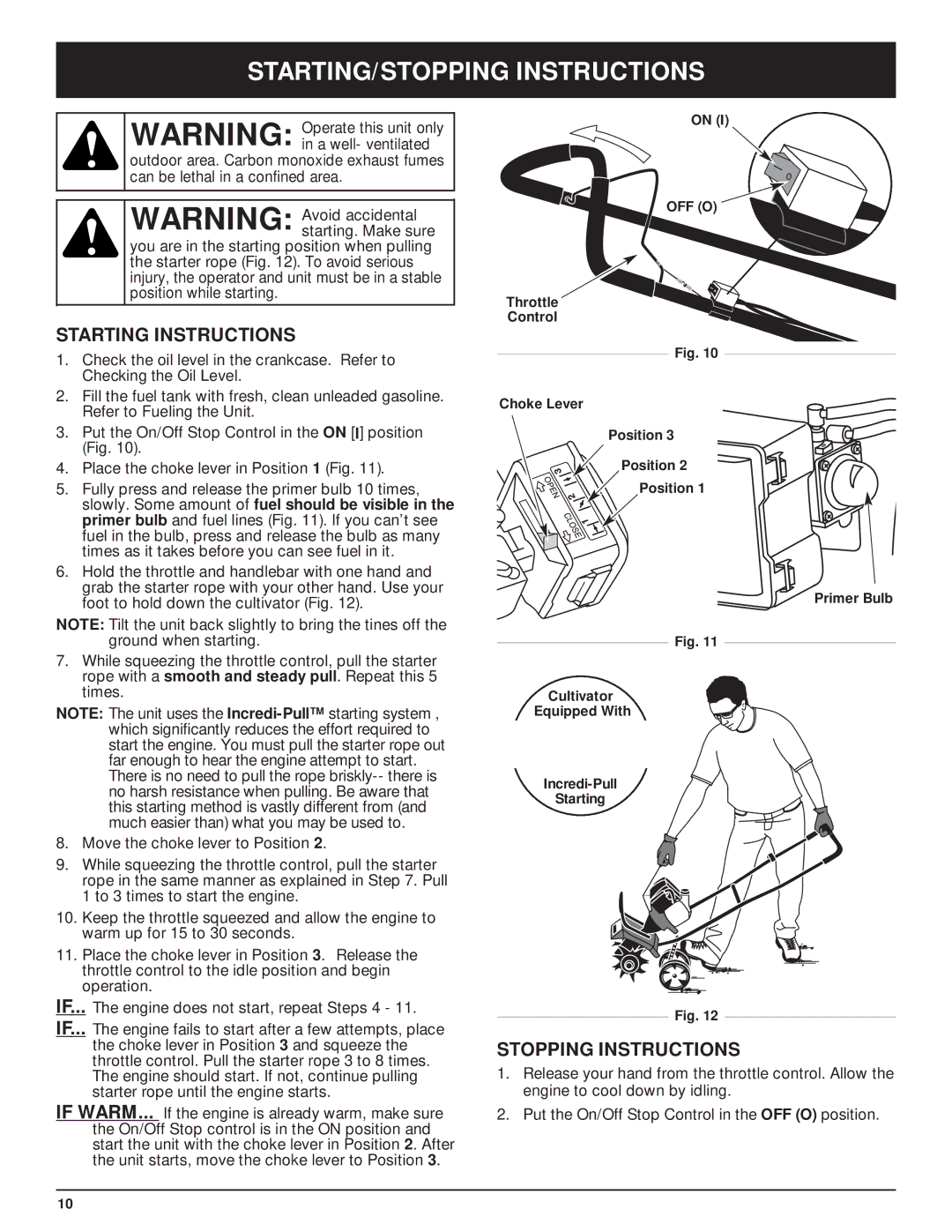 Craftsman 316.29271 manual STARTING/STOPPING Instructions, Starting Instructions, Stopping Instructions 