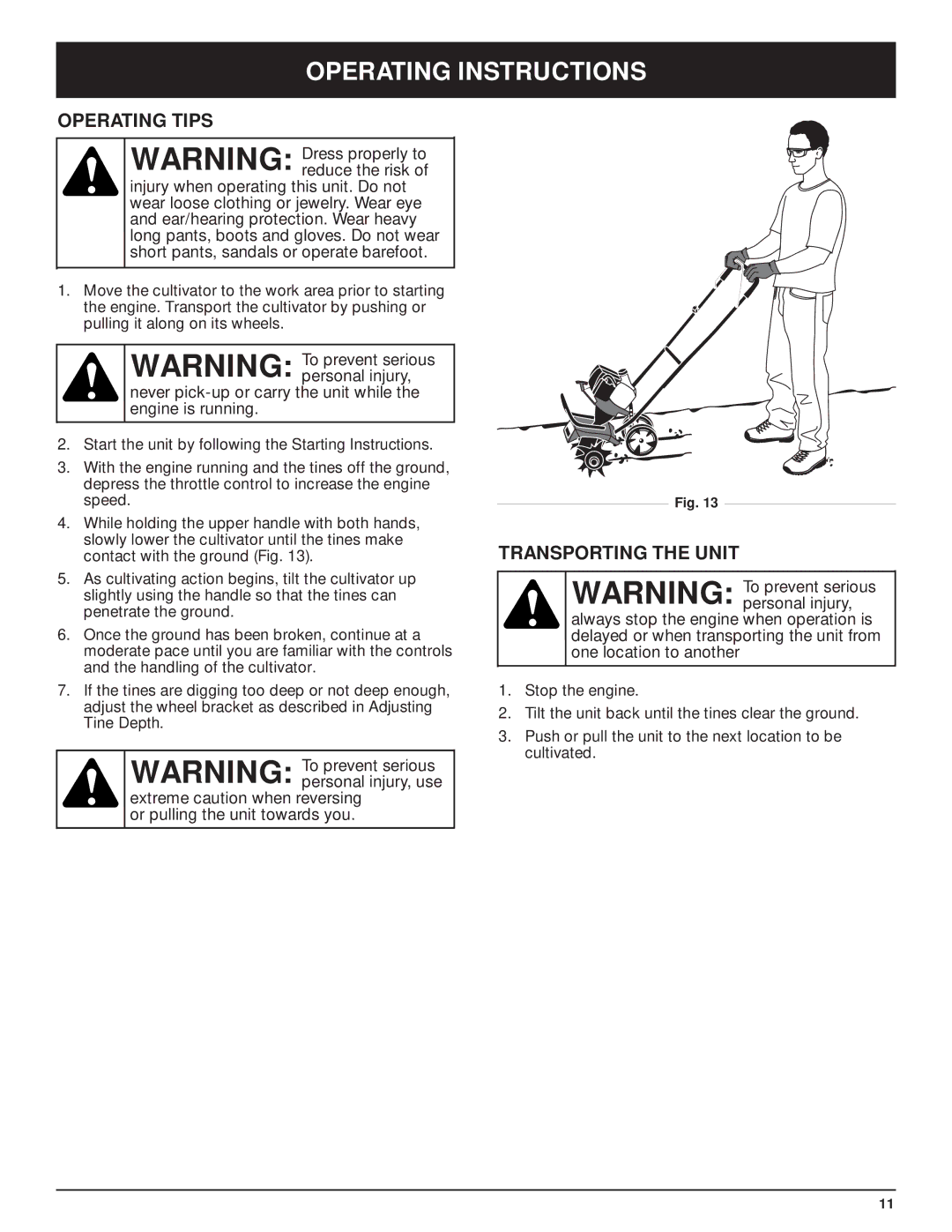 Craftsman 316.29271 manual Operating Instructions, Operating Tips, Transporting the Unit 