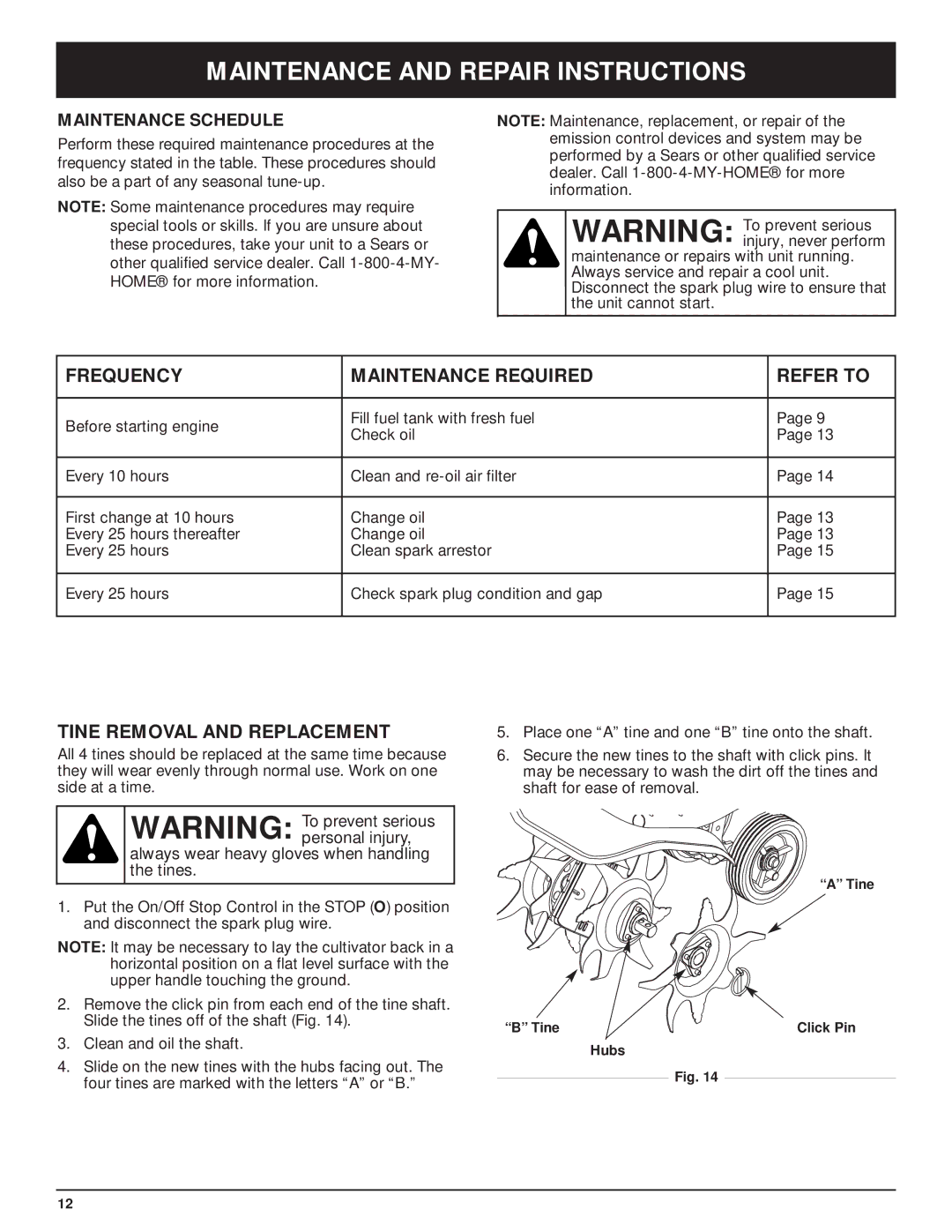 Craftsman 316.29271 Maintenance and Repair Instructions, Frequency Maintenance Required Refer to, Maintenance Schedule 