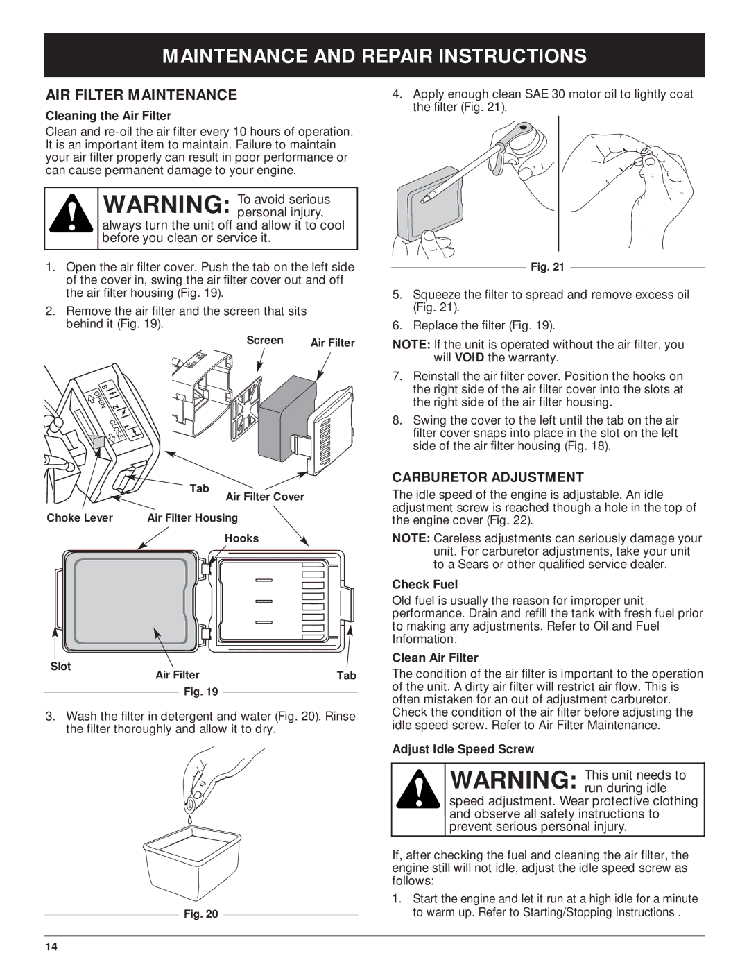 Craftsman 316.29271 manual AIR Filter Maintenance, Carburetor Adjustment 