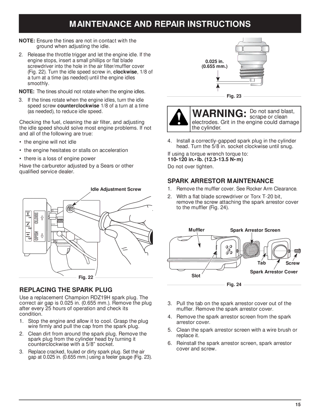 Craftsman 316.29271 manual Replacing the Spark Plug, Spark Arrestor Maintenance 