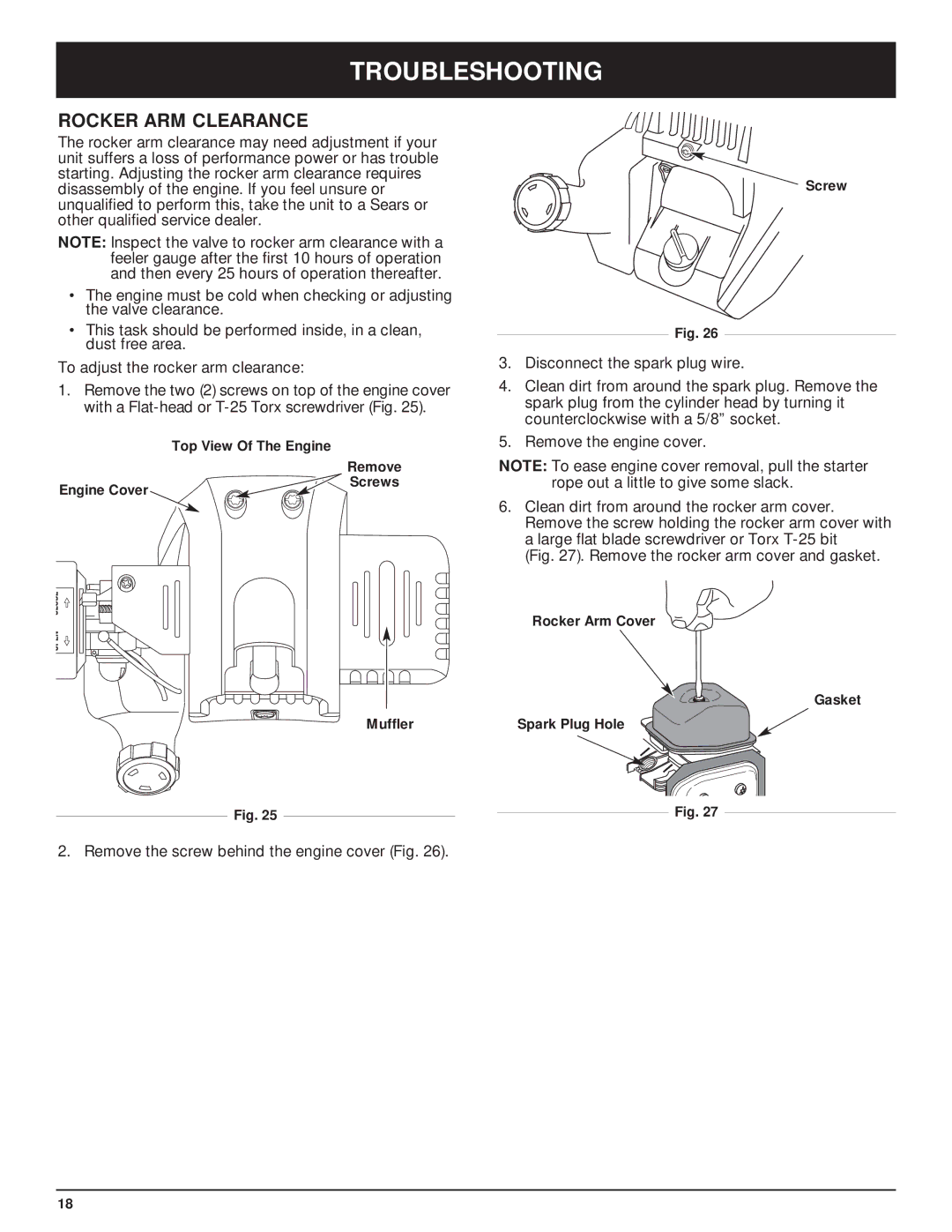 Craftsman 316.29271 manual Rocker ARM Clearance, Remove the rocker arm cover and gasket 