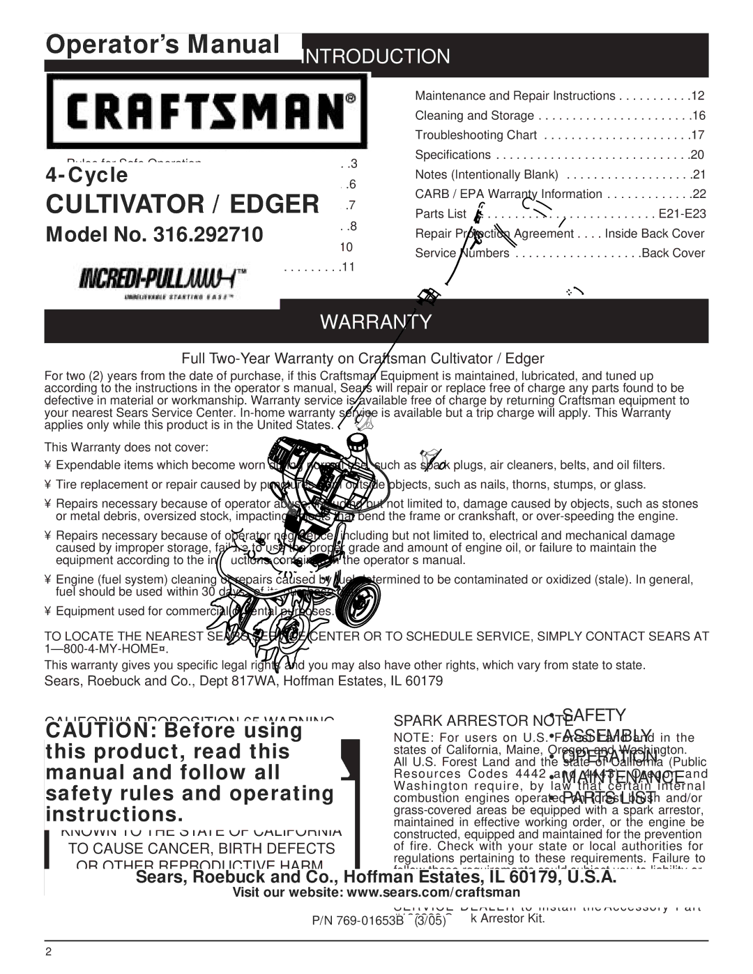 Craftsman 316.29271 Introduction, Warranty, Table of Contents, California Proposition 65 Warning, Spark Arrestor Note 