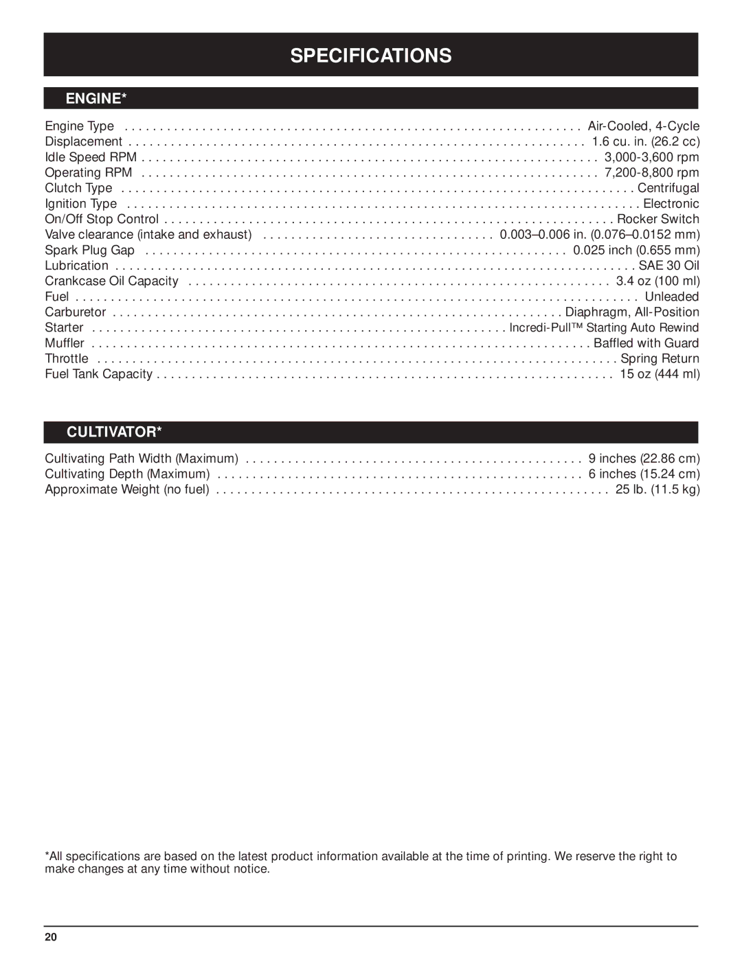 Craftsman 316.29271 manual Specifications, Engine, Cultivator 