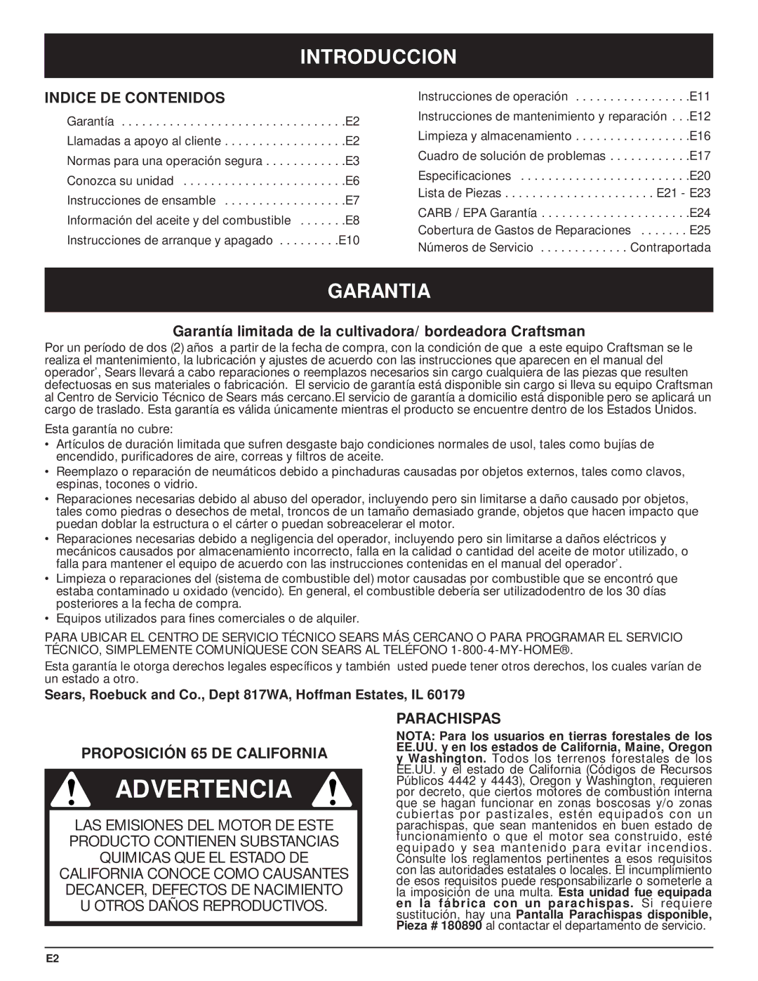 Craftsman 316.29271 manual Introduccion, Garantia, Indice DE Contenidos, Proposición 65 DE California, Parachispas 