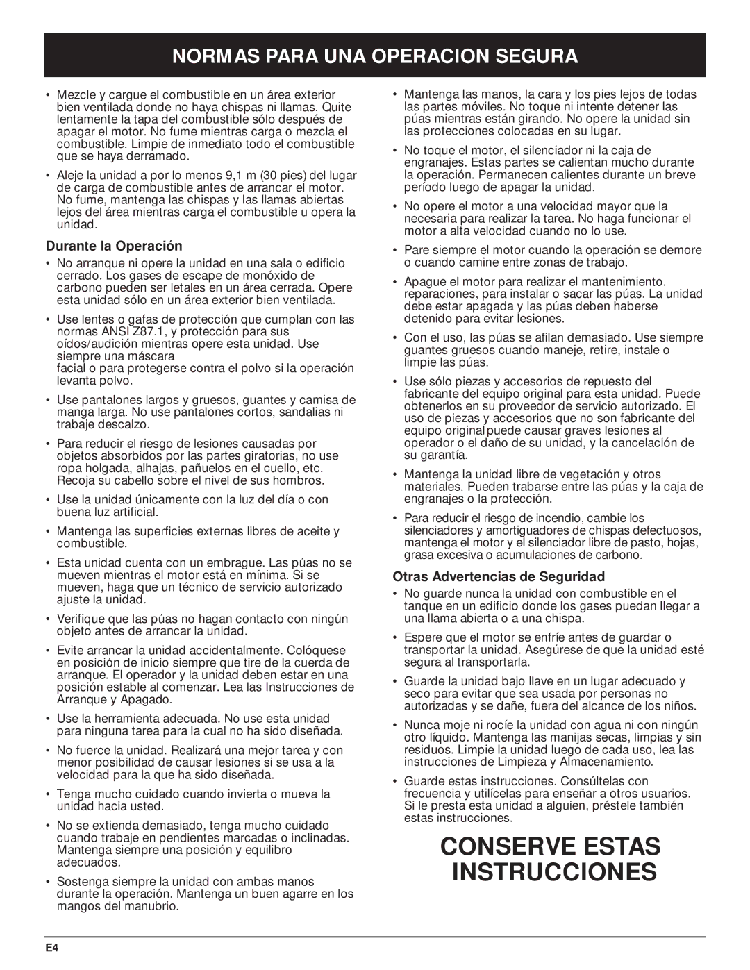 Craftsman 316.29271 manual Conserve Estas Instrucciones, Durante la Operación, Otras Advertencias de Seguridad 