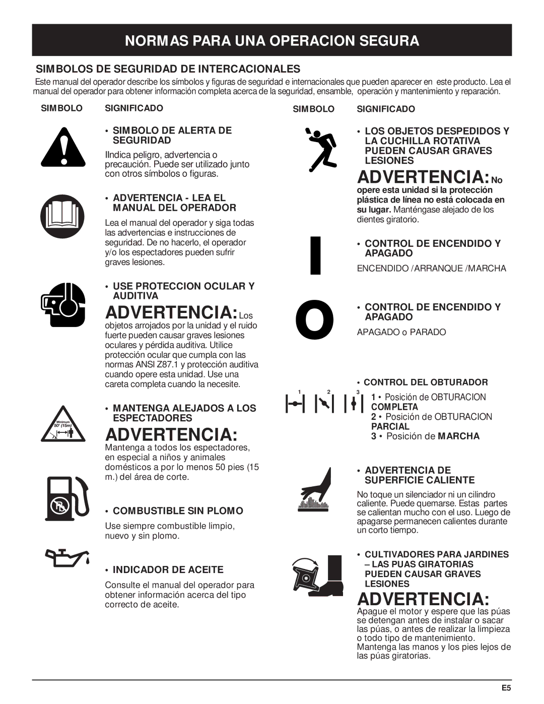 Craftsman 316.29271 manual Advertencia No, Advertencia Los, Simbolos DE Seguridad DE Intercacionales 