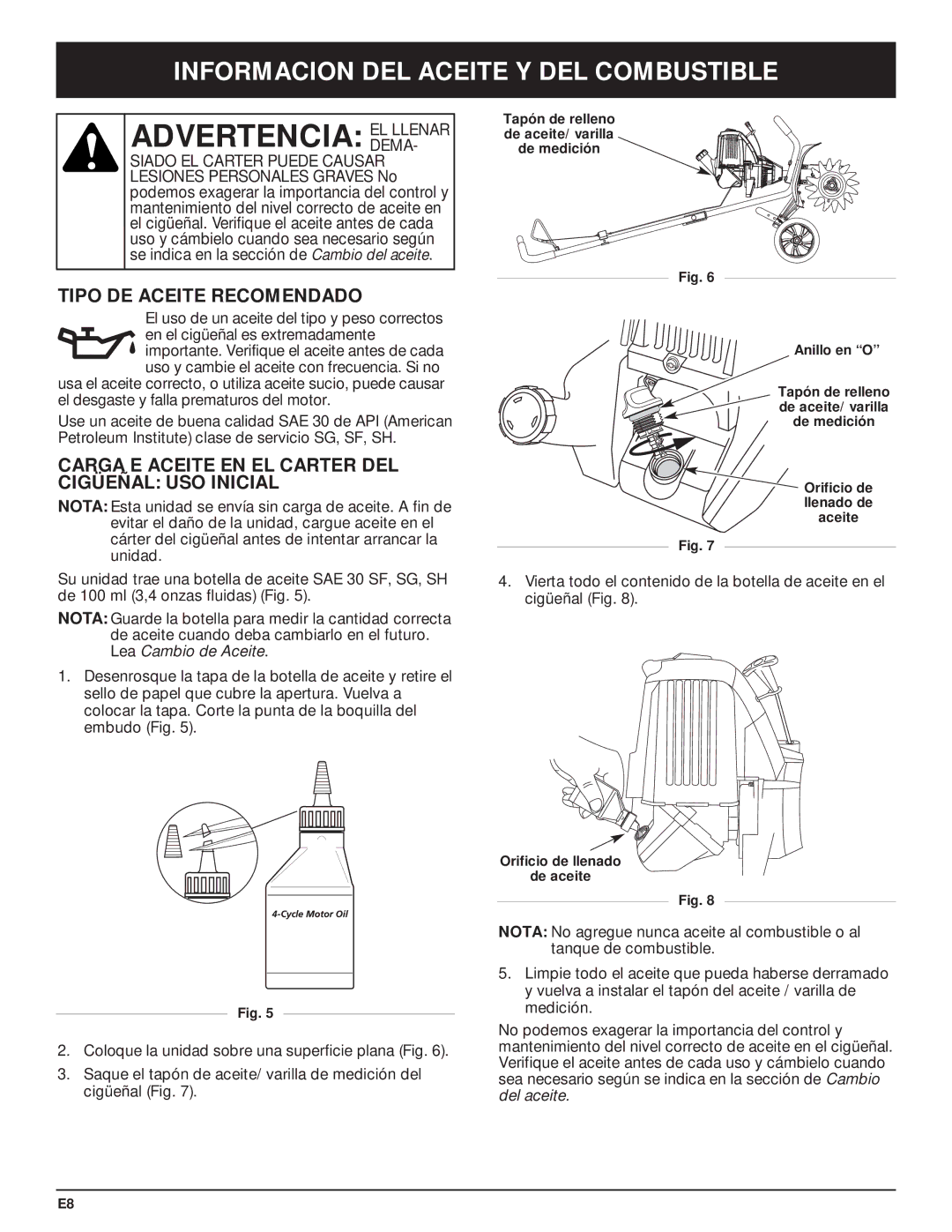 Craftsman 316.29271 manual Advertencia EL Llenar, Informacion DEL Aceite Y DEL Combustible, Tipo DE Aceite Recomendado 