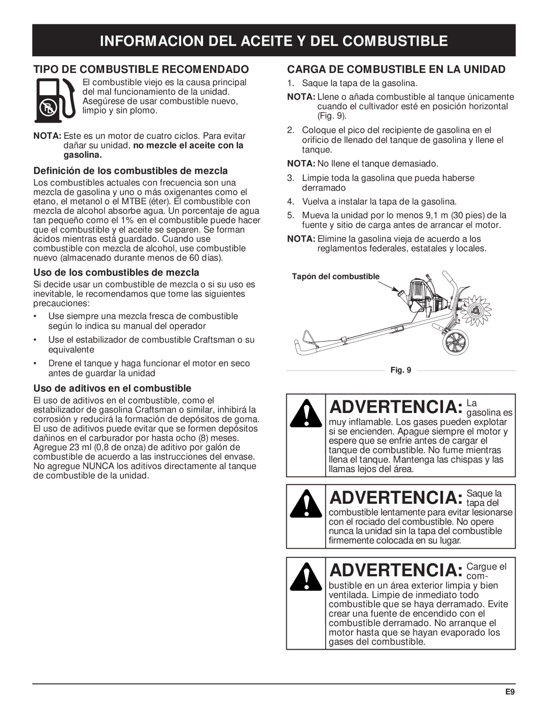 Craftsman 316.29271 manual Advertencia Lagasolina es, Advertencia Saque la, Advertencia Cargue el 