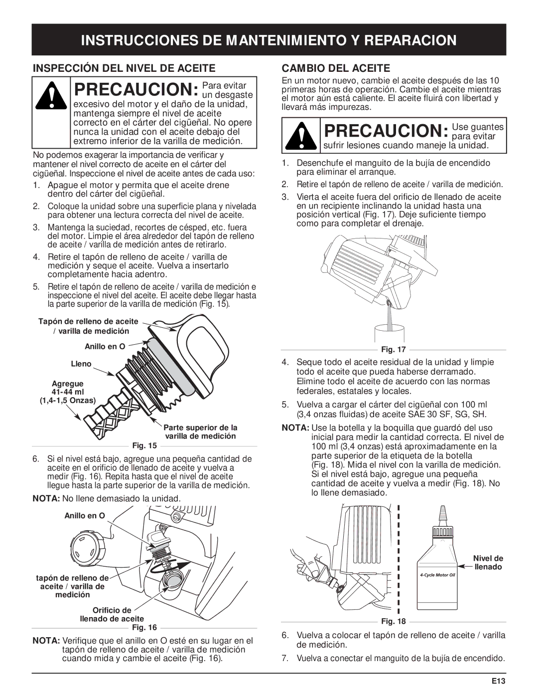 Craftsman 316.29271 Precaucion Para evitar, Precaucion Use guantes, Inspección DEL Nivel DE Aceite, Cambio DEL Aceite 