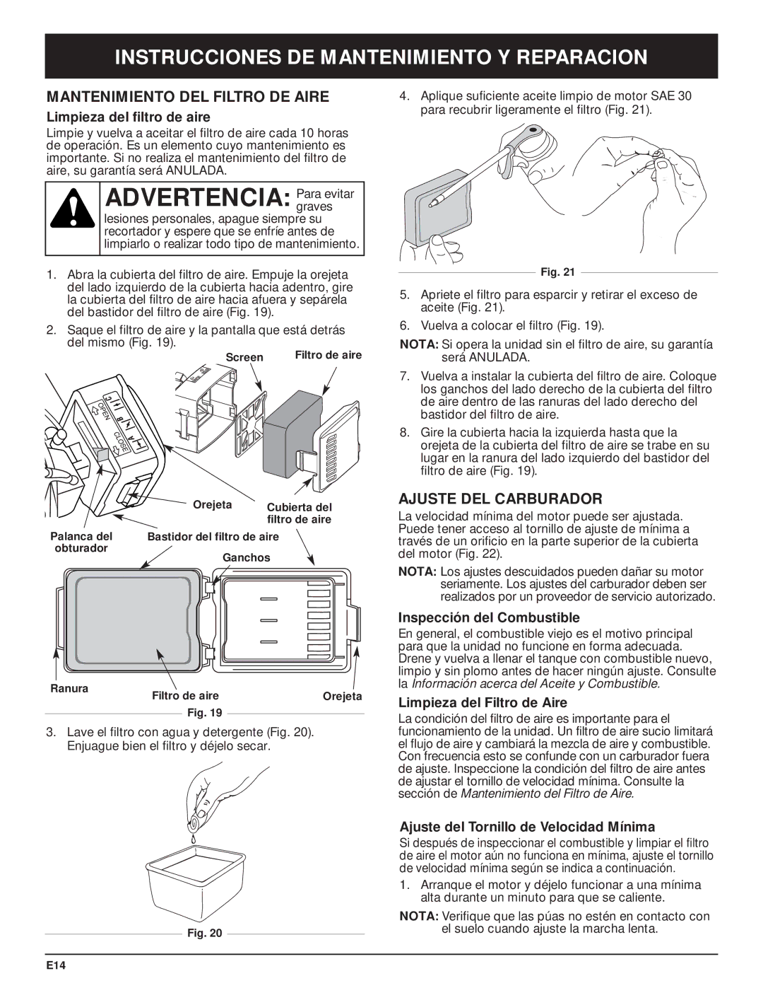 Craftsman 316.29271 manual Mantenimiento DEL Filtro DE Aire, Ajuste DEL Carburador, Limpieza del filtro de aire 