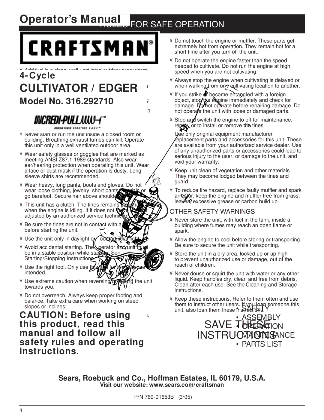 Craftsman 316.29271 manual Save These Instructions, While Operating, Other Safety Warnings 