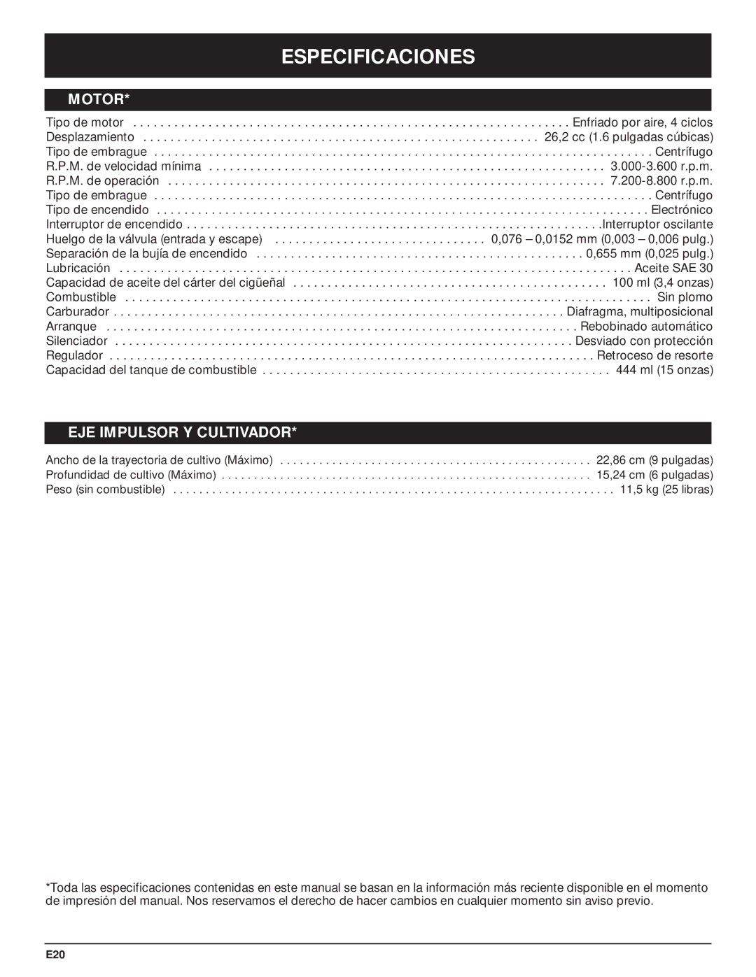 Craftsman 316.29271 manual Especificaciones, Motor, EJE Impulsor Y Cultivador 