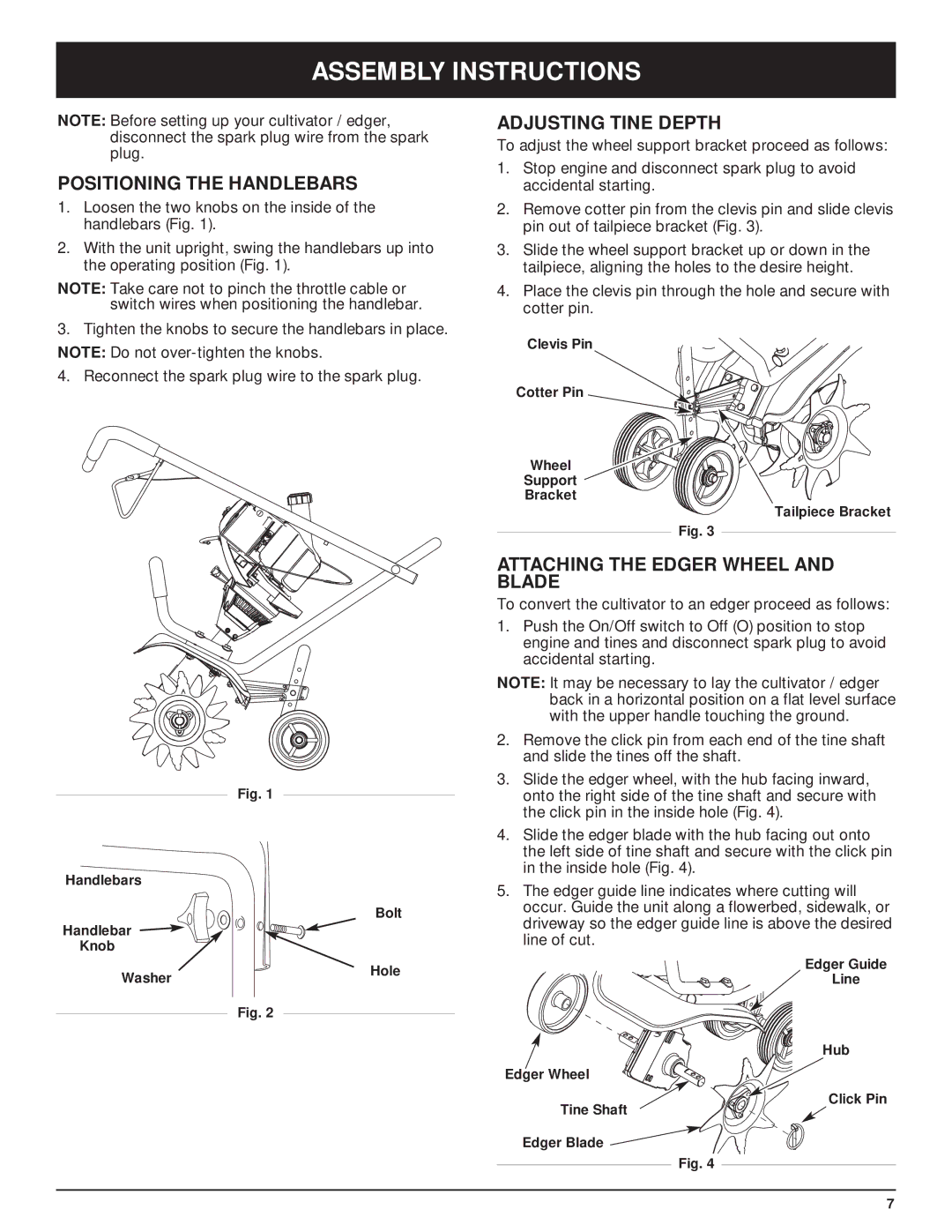 Craftsman 316.29271 manual Assembly Instructions, Positioning the Handlebars, Adjusting Tine Depth 