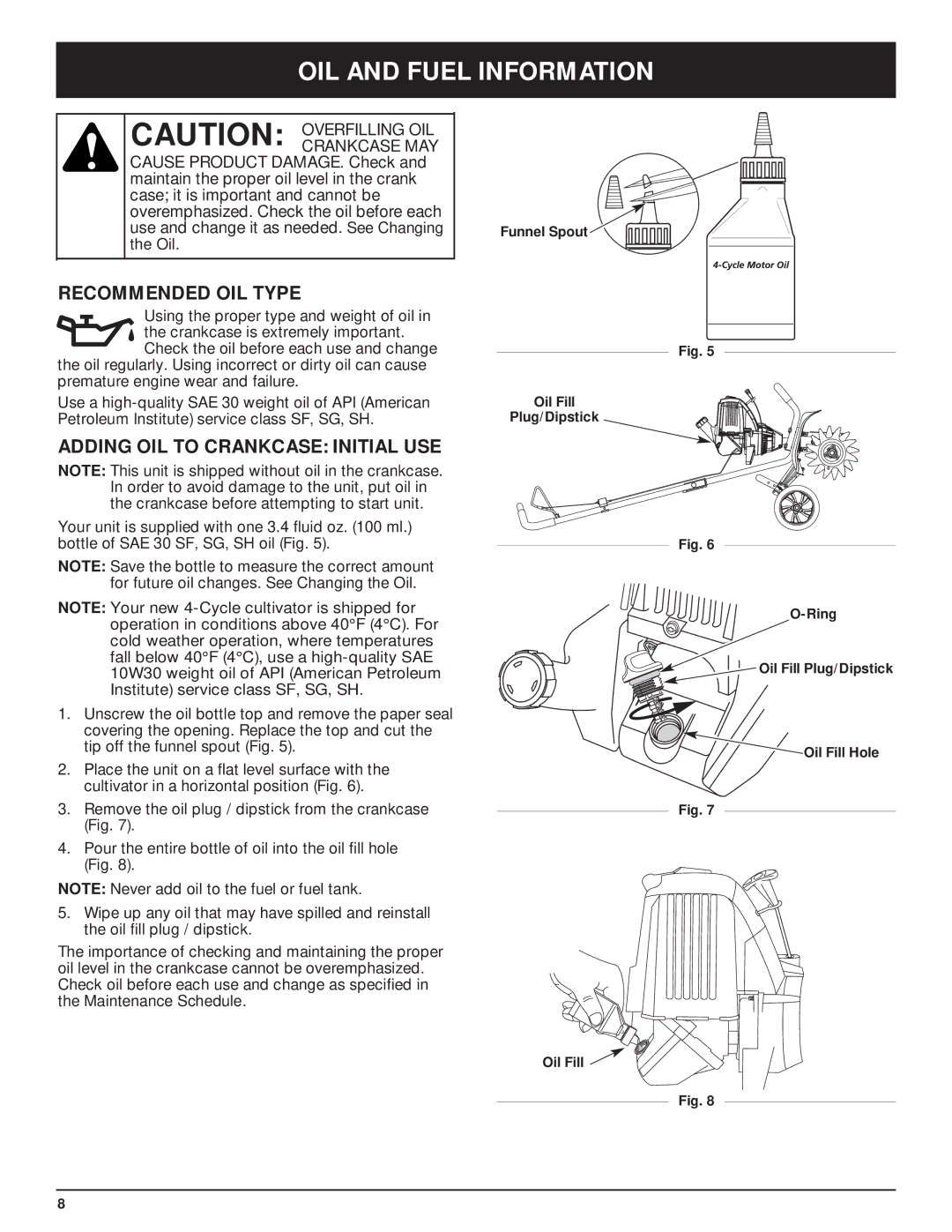 Craftsman 316.29271 manual OIL and Fuel Information, Recommended OIL Type, Adding OIL to Crankcase Initial USE 