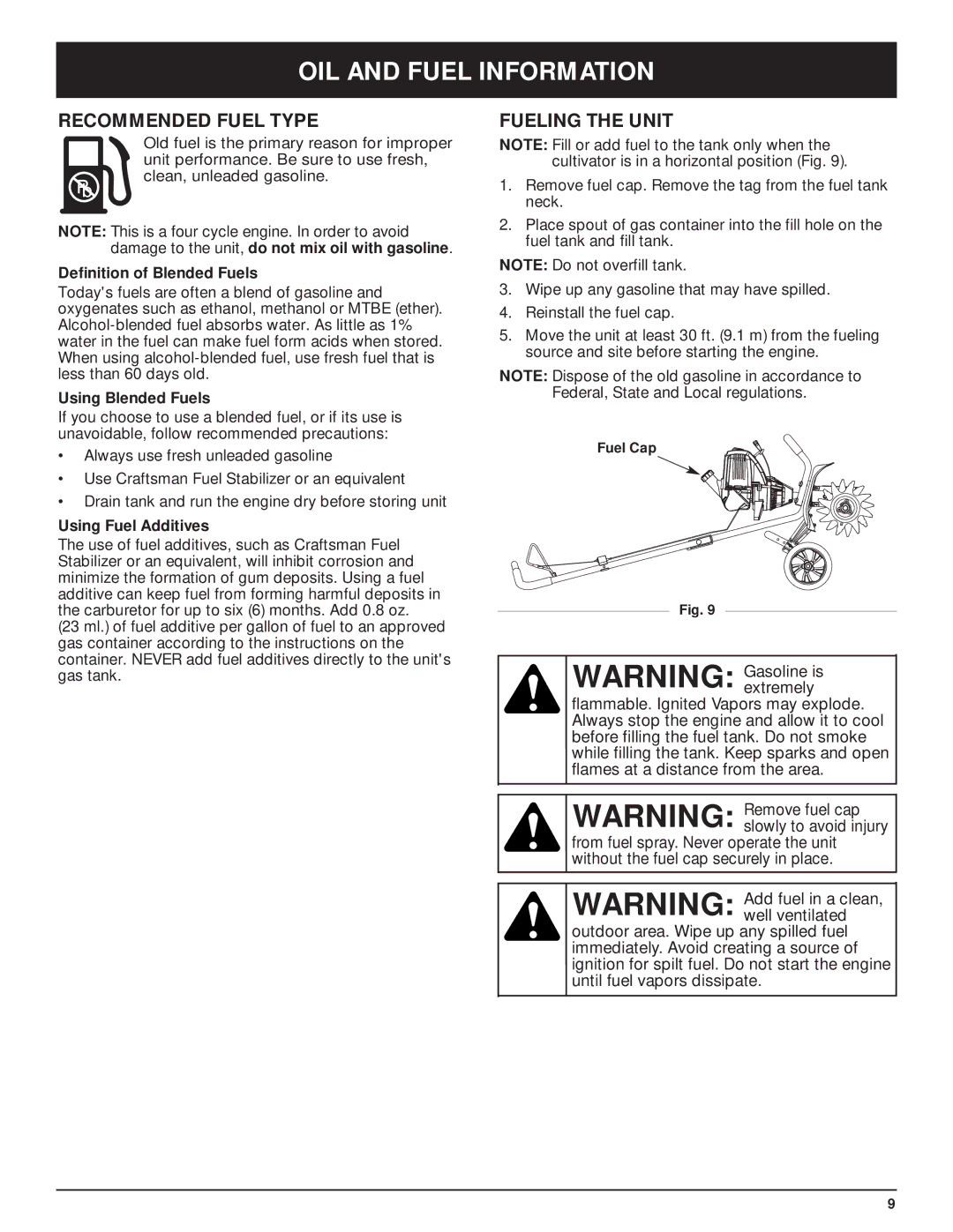 Craftsman 316.29271 manual Recommended Fuel Type, Fueling the Unit 