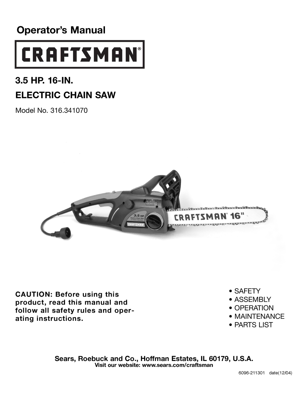 Craftsman 316.34107 manual Operator’s Manual 