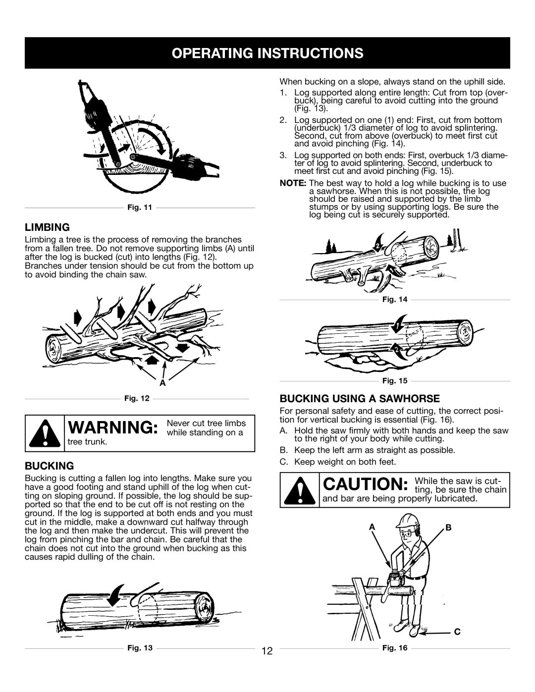 Craftsman 316.34107 manual Limbing, Bucking Using a Sawhorse 