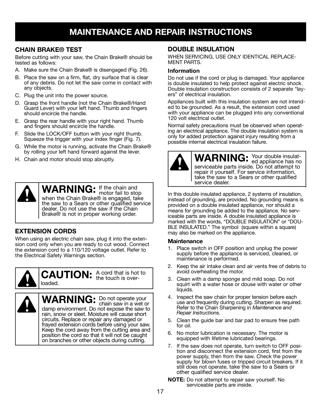 Craftsman 316.34107 manual Chain Brake Test, Extension Cords, Double Insulation, Information, Maintenance 