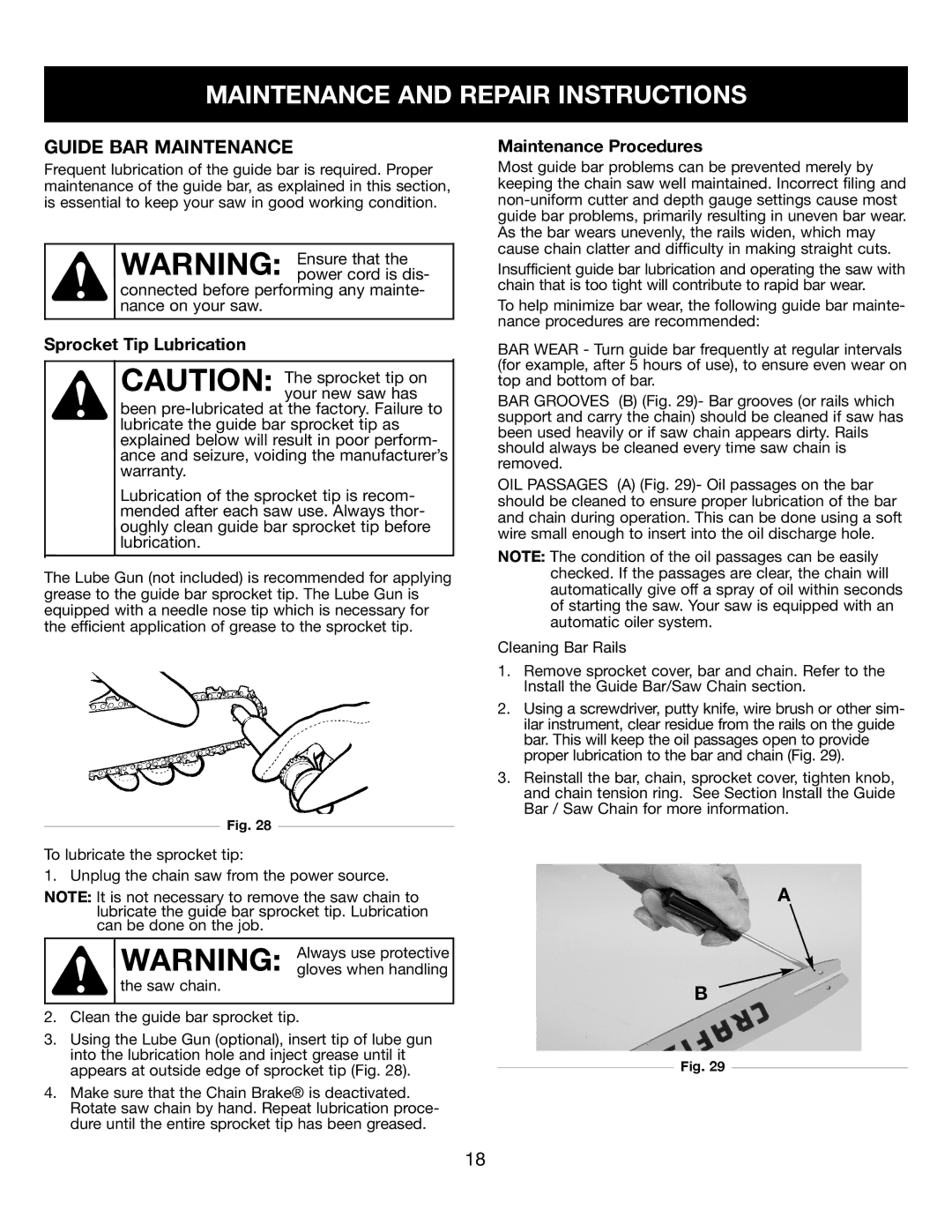 Craftsman 316.34107 manual Guide BAR Maintenance, Sprocket Tip Lubrication, Maintenance Procedures 