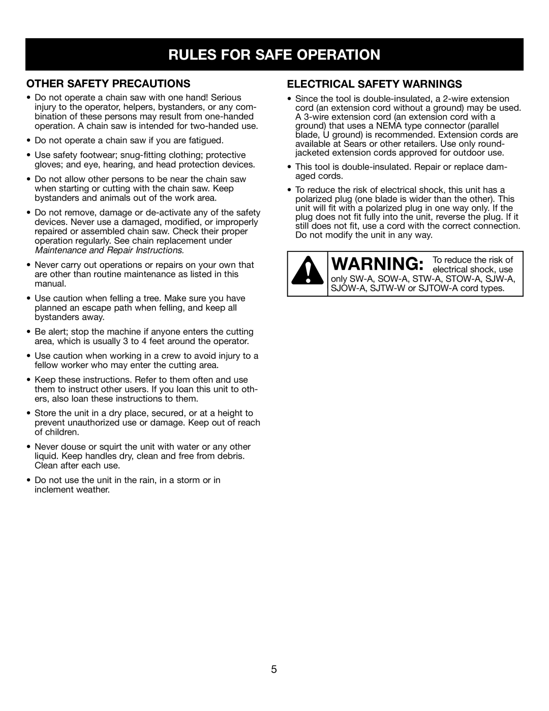 Craftsman 316.34107 manual Other Safety Precautions, Electrical Safety Warnings 