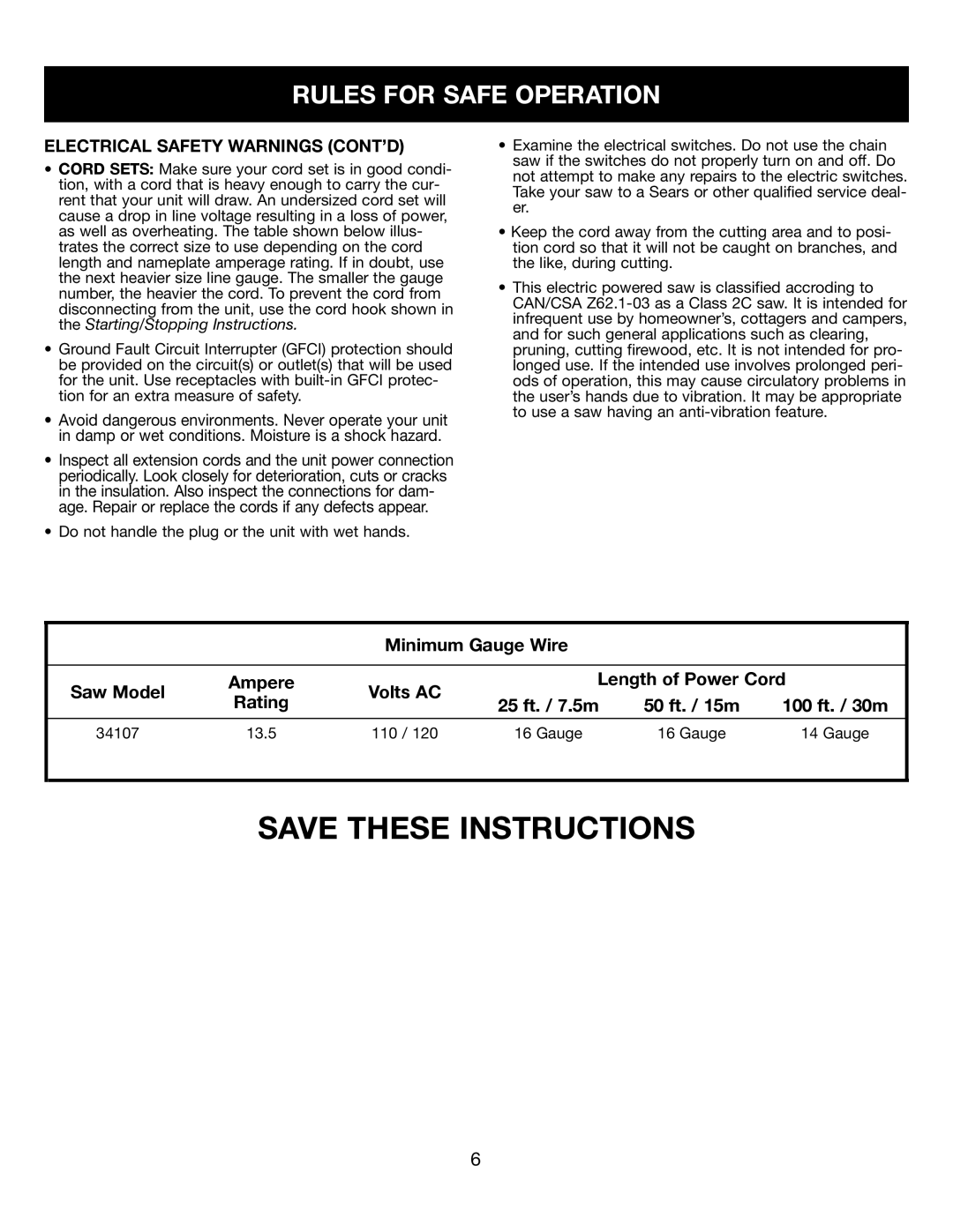 Craftsman 316.34107 manual Electrical Safety Warnings CONT’D 