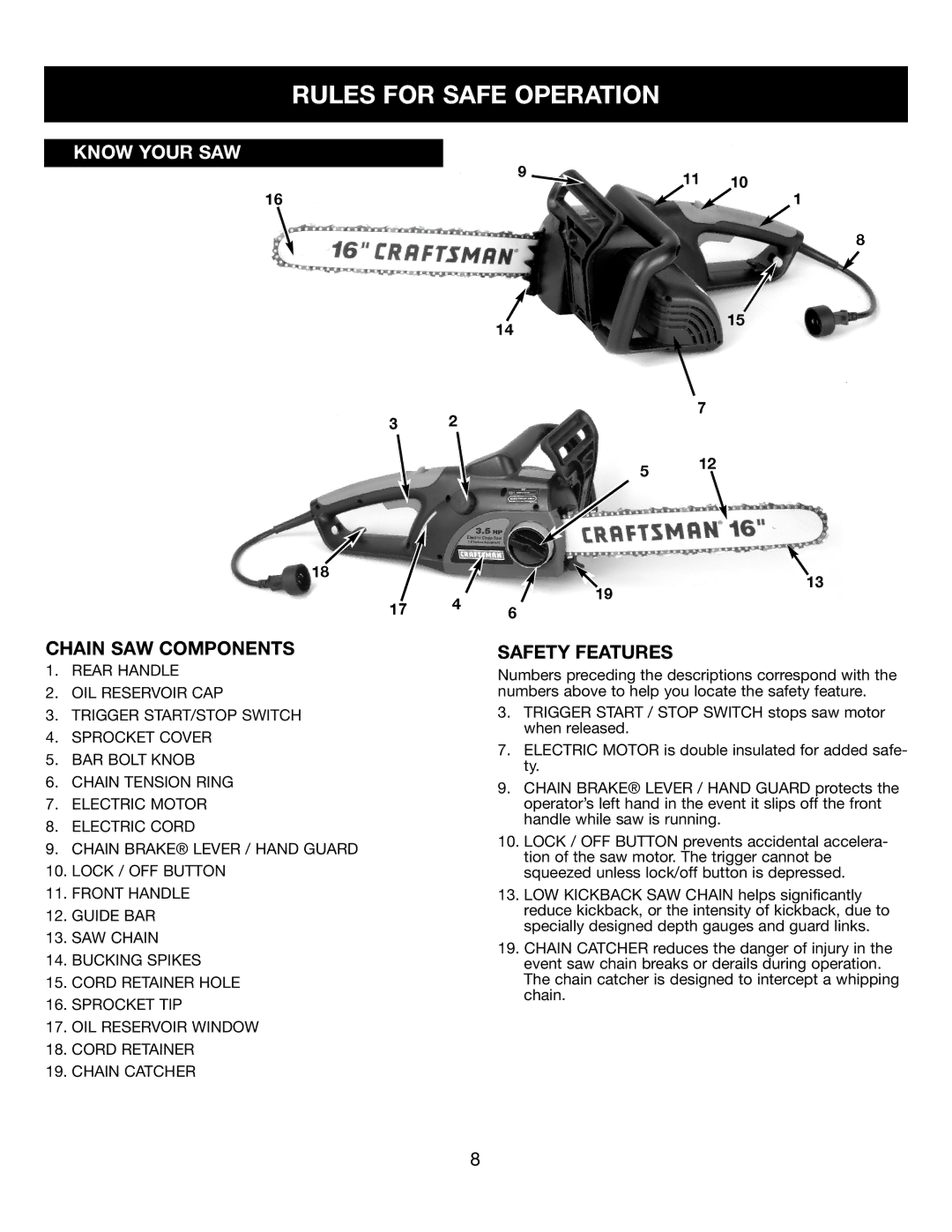 Craftsman 316.34107 manual Chain SAW Components, Safety Features 