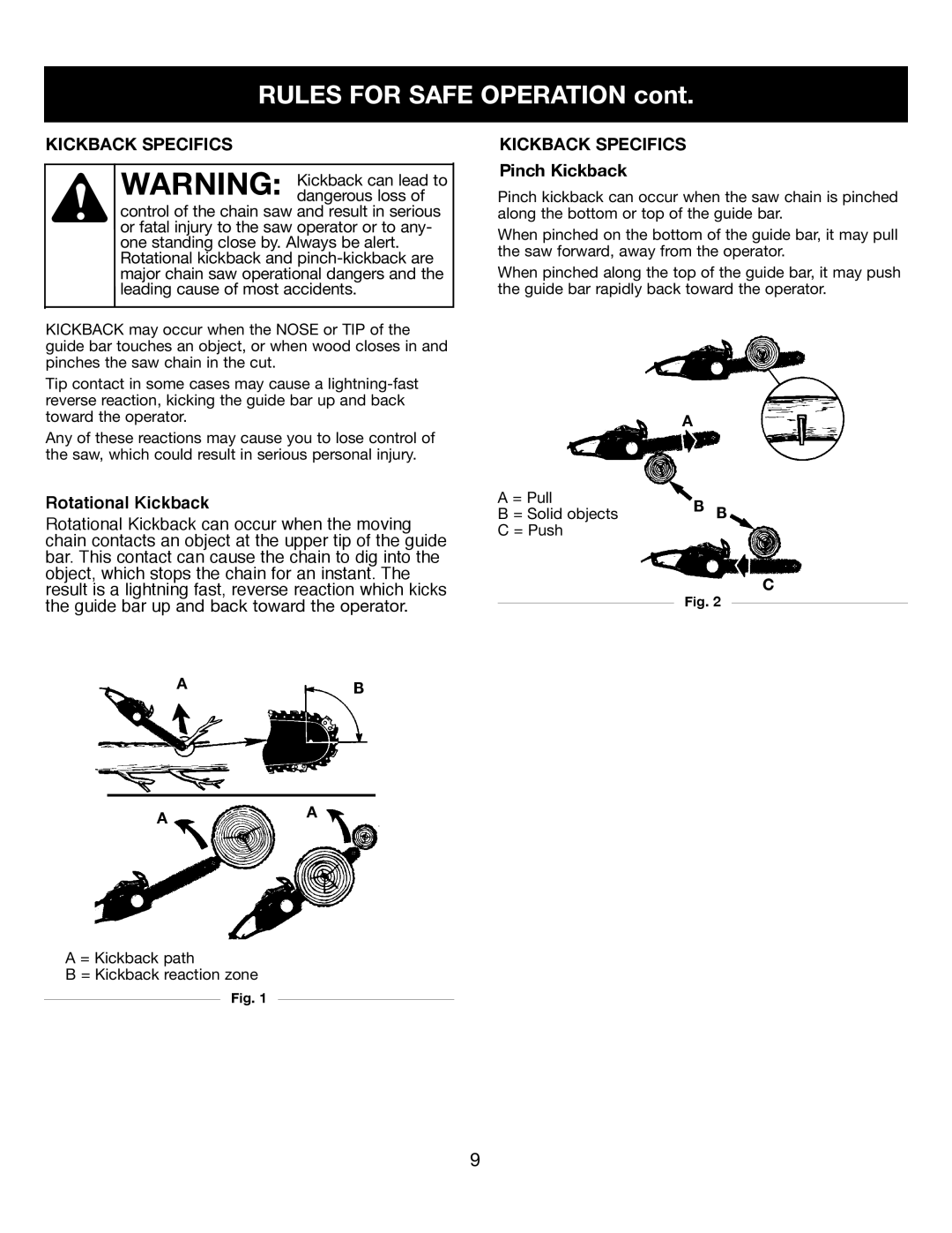 Craftsman 316.34107 manual Kickback Specifics, Pinch Kickback 