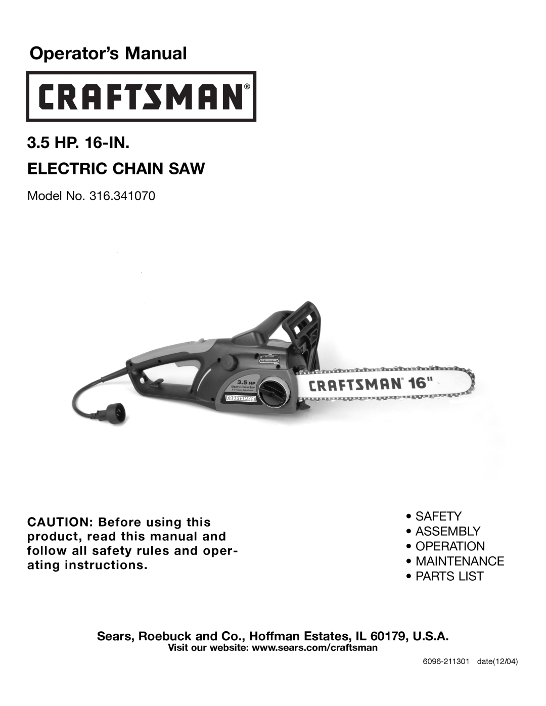Craftsman 316.34107 manual Operator’s Manual, Sears, Roebuck and Co., Hoffman Estates, IL 60179, U.S.A, Model No 