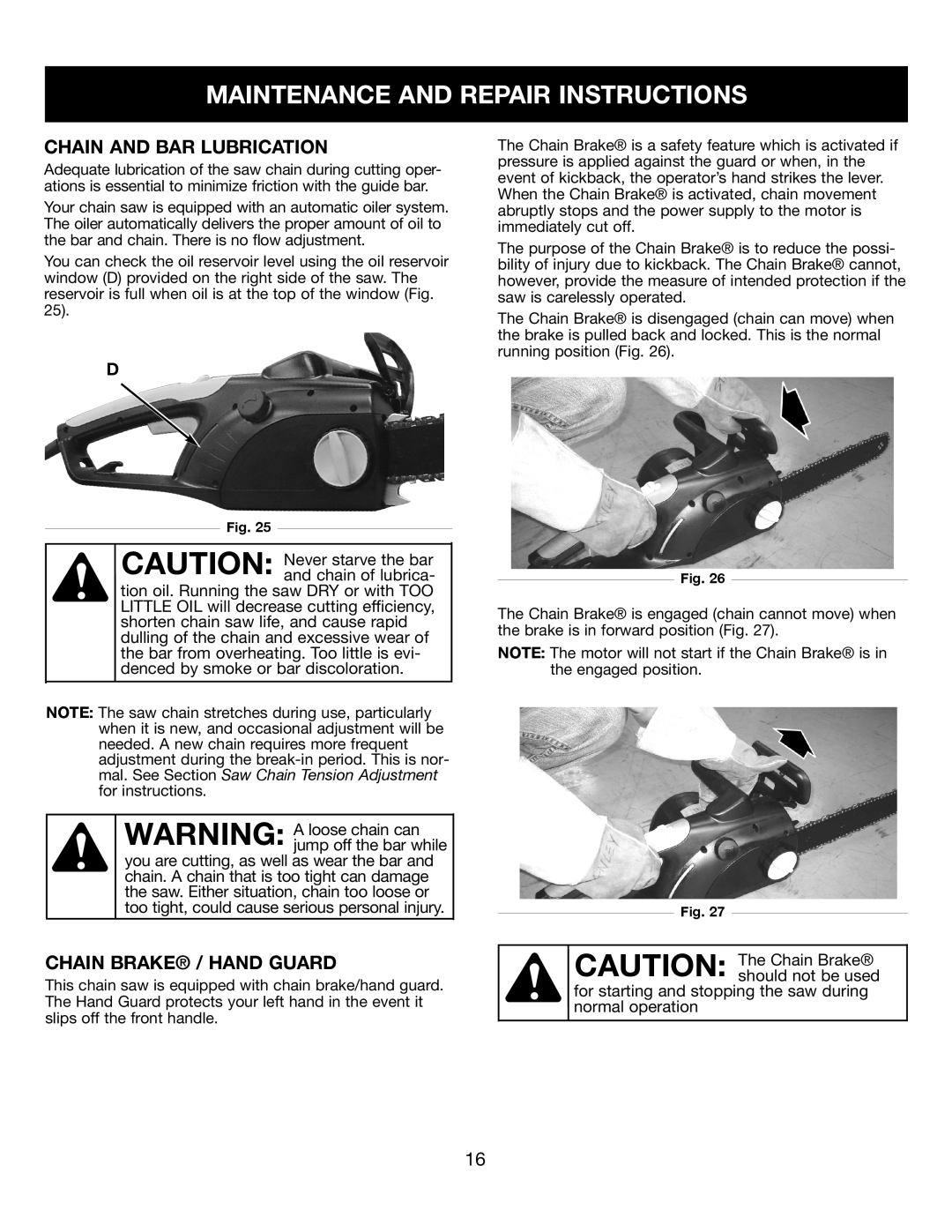 Craftsman 316.34107 manual Chain And Bar Lubrication, Chain Brake / Hand Guard, Maintenance And Repair Instructions 
